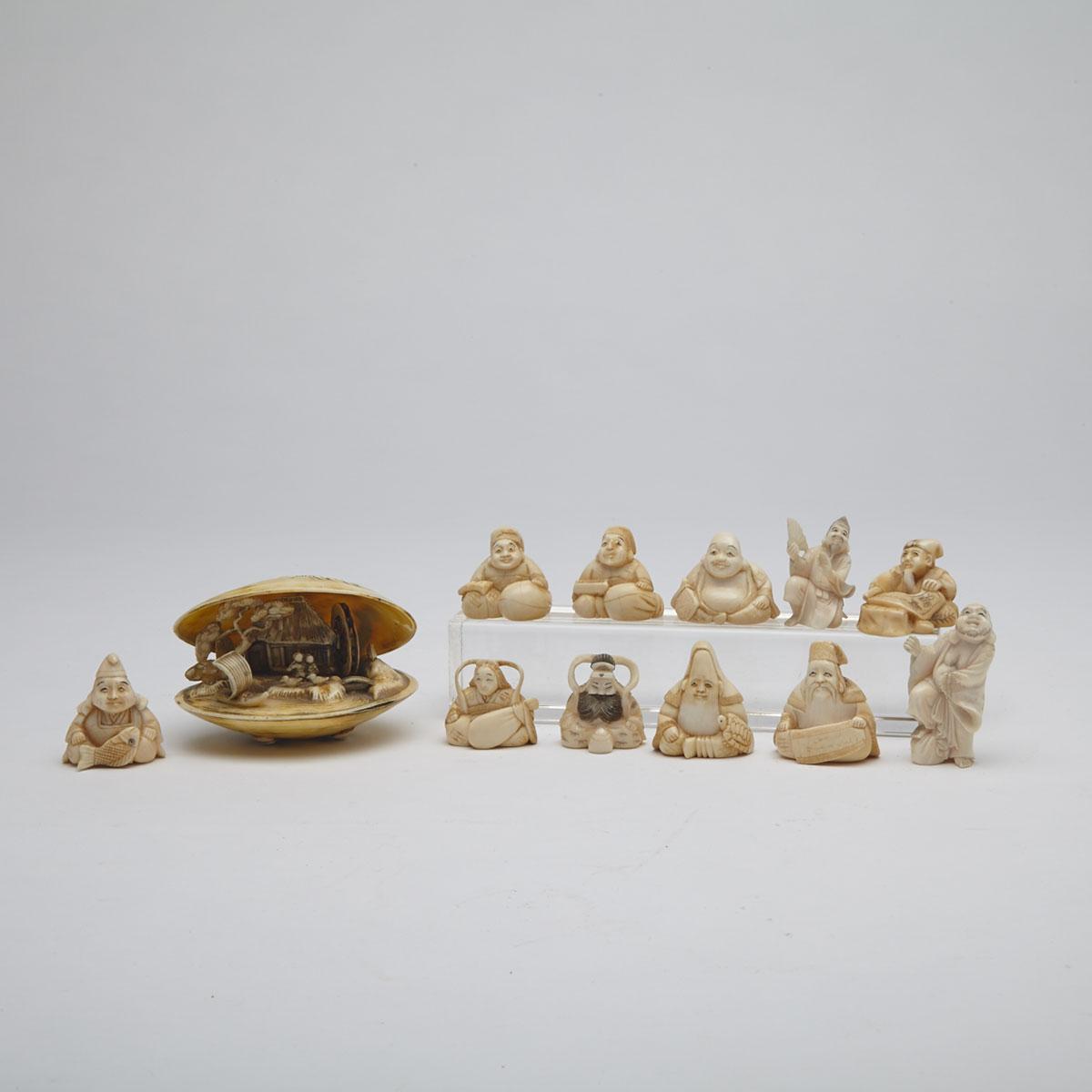 Eleven Miniature Ivory Okimonos, Early 20th Century 
