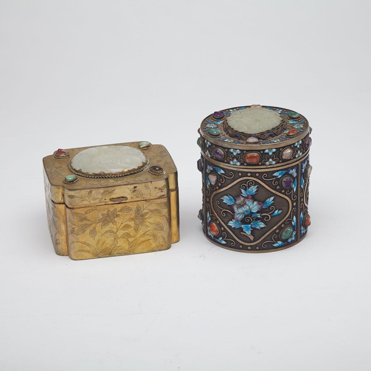 Two Bronze Boxes with Jade Inlays, China, Late Qing Dynasty