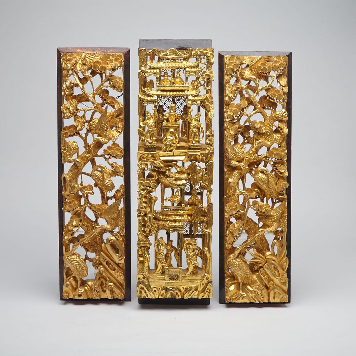 Three Gilt Lacquered Wood Architectural Panels