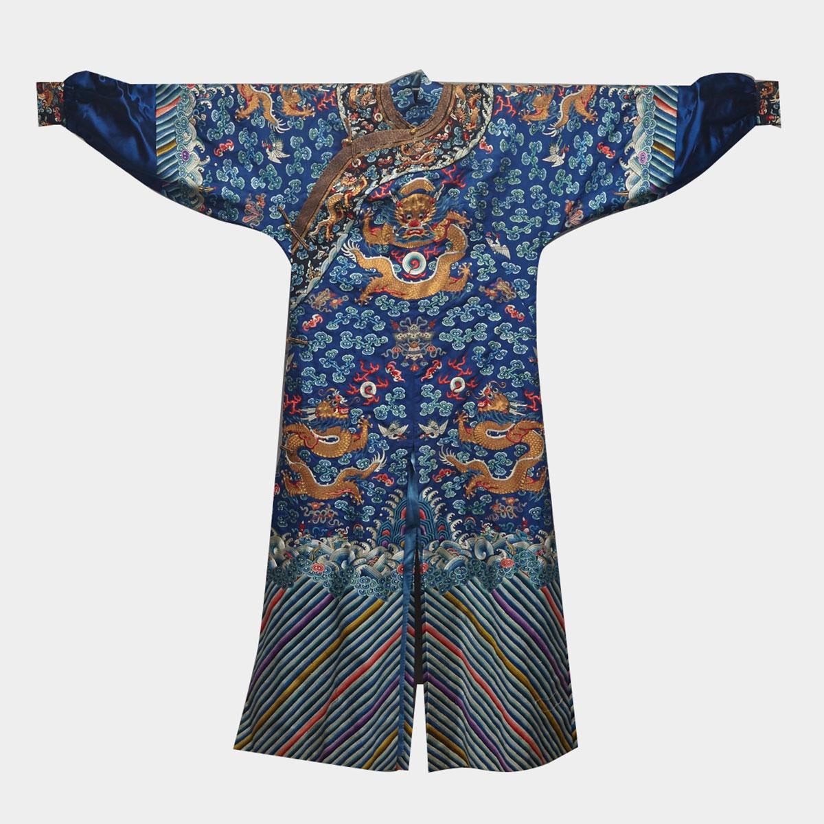 Blue Ground Silk Embroidered Dragon Robe, 19th Century