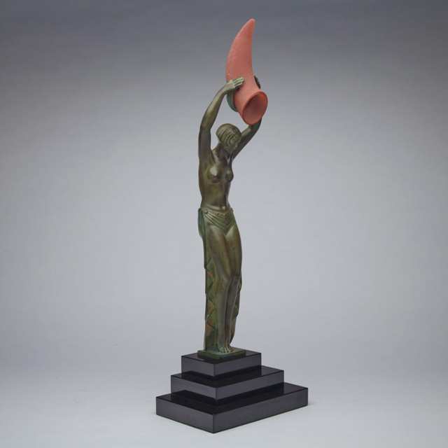 French Art Deco Style Patinated Metal, Glass and Marble Figural Table Lamp, after Pierre Le Faguays (1892-1962), late 20th century