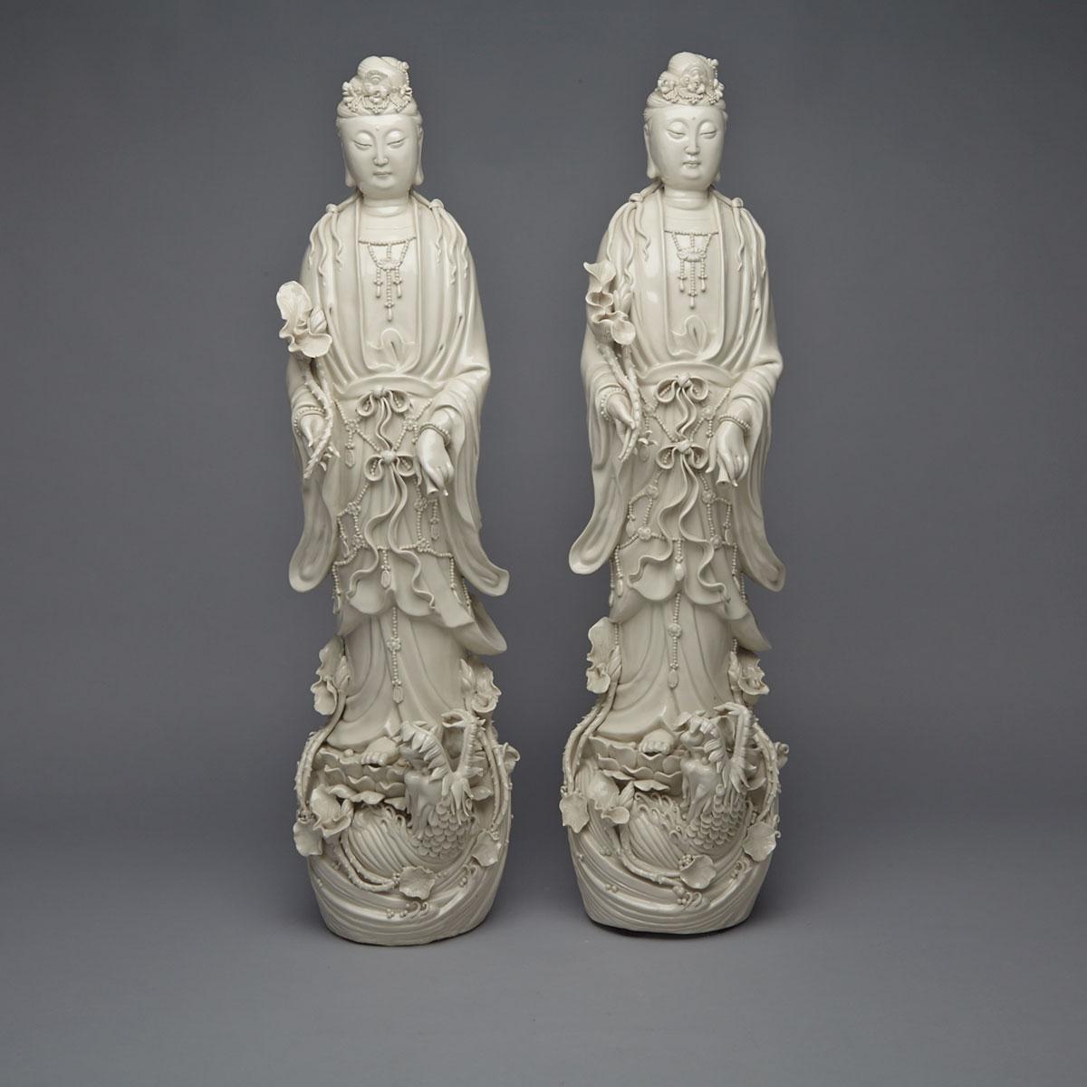 Large Pair of Blanc de Chine Guanyin Figures, mid 20th century