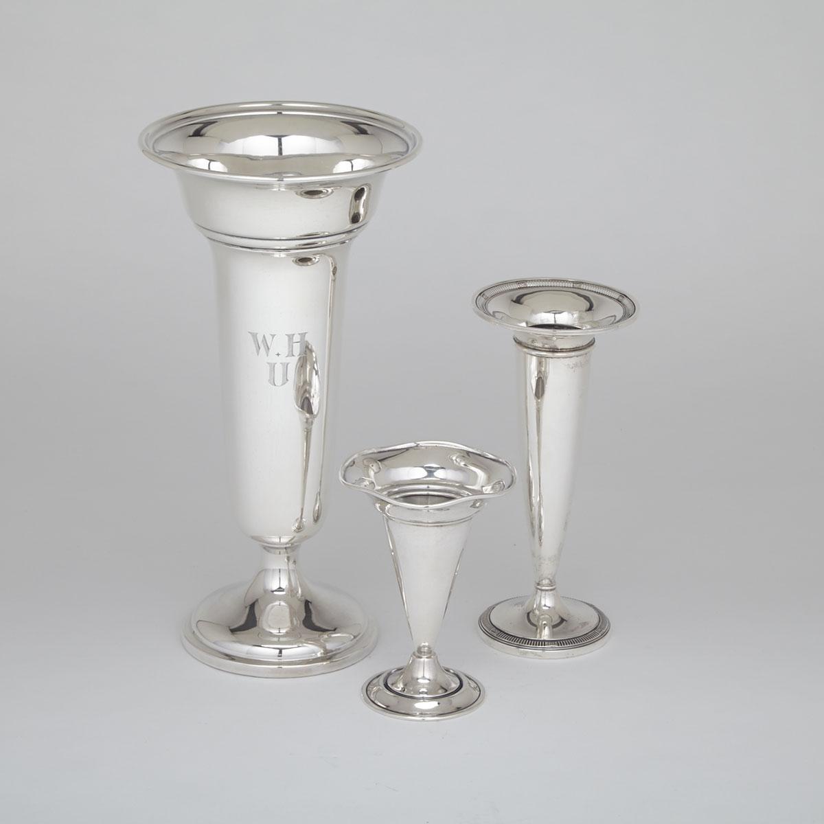 Three Various American Silver Trumpet Vases, 20th century