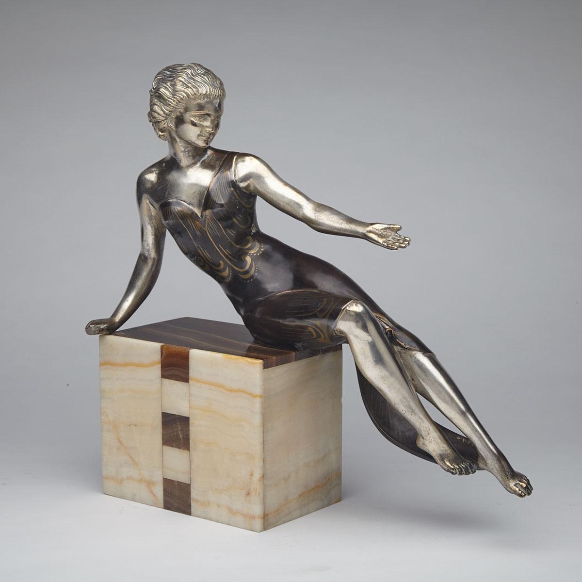French Art Deco Bronze and Onyx Model of a Young Woman, c.1925