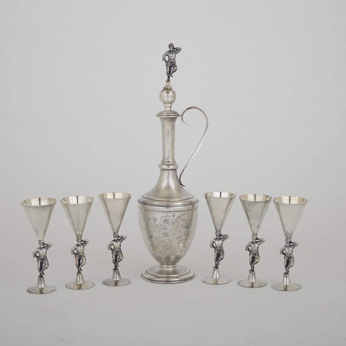 Russian Silver Carafe and Six Vodka Goblets, Moscow, 1908-17
