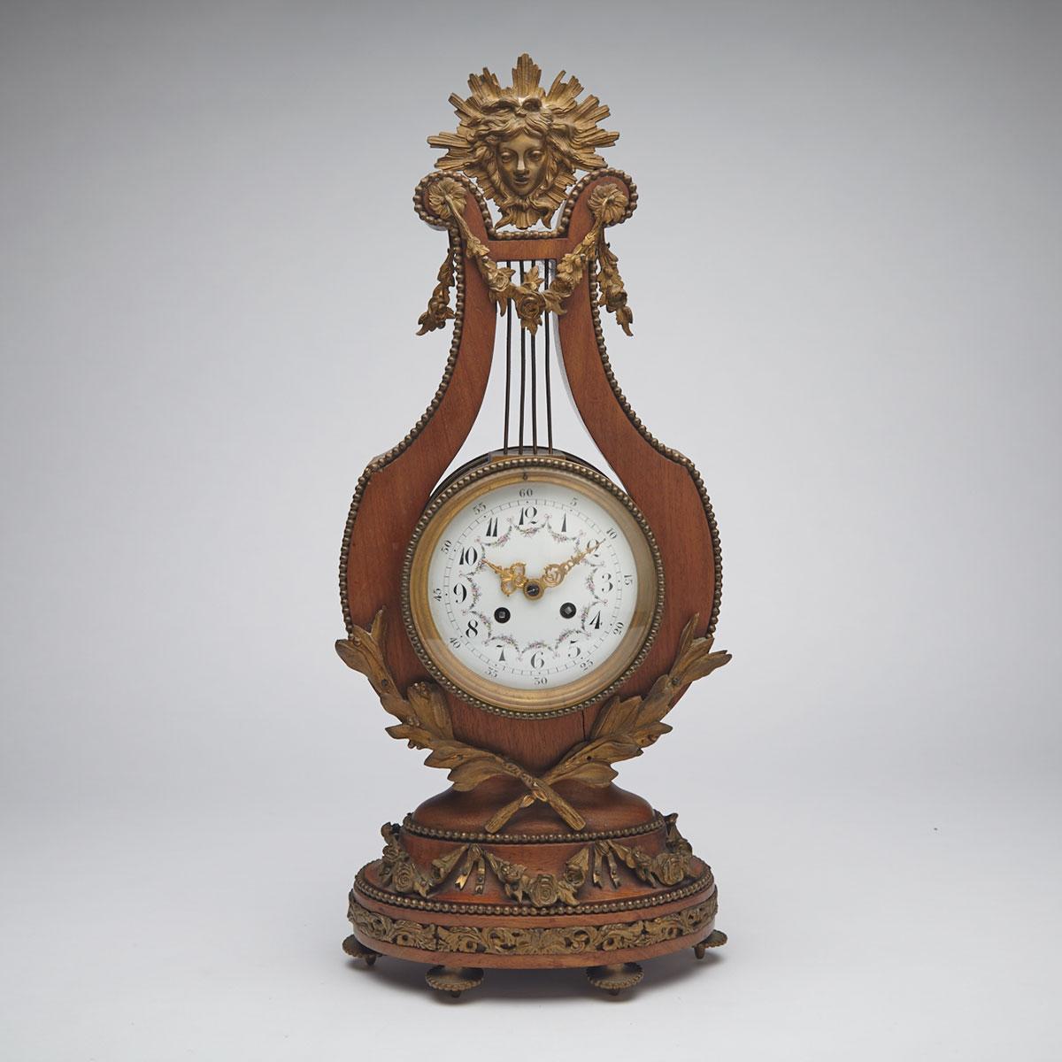 French Ormolu Mounted Mahogany Lyre Form Mantle Clock, 19th century