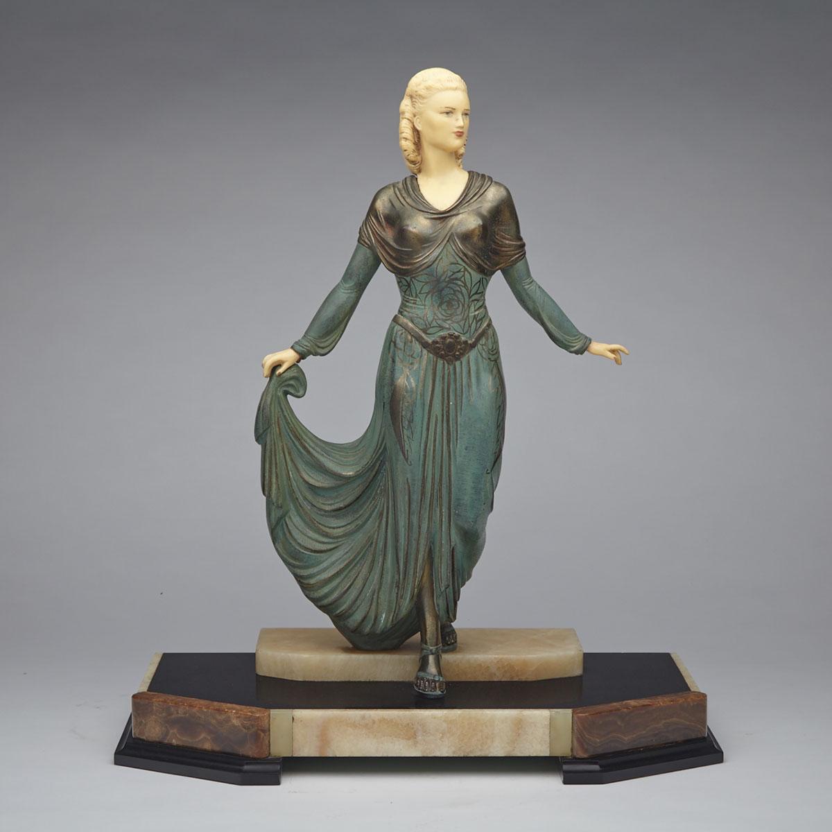 French Art Deco White Metal, Ivorine and Onyx Model of a Young Woman, c.1930