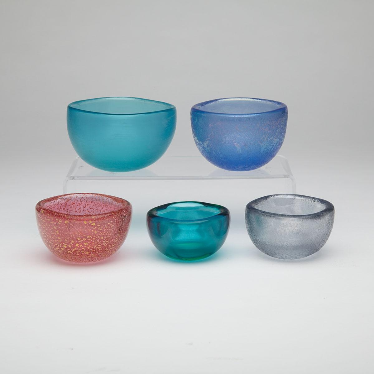 Five Various Venini Coloured Glass Small Bowls, 20th century