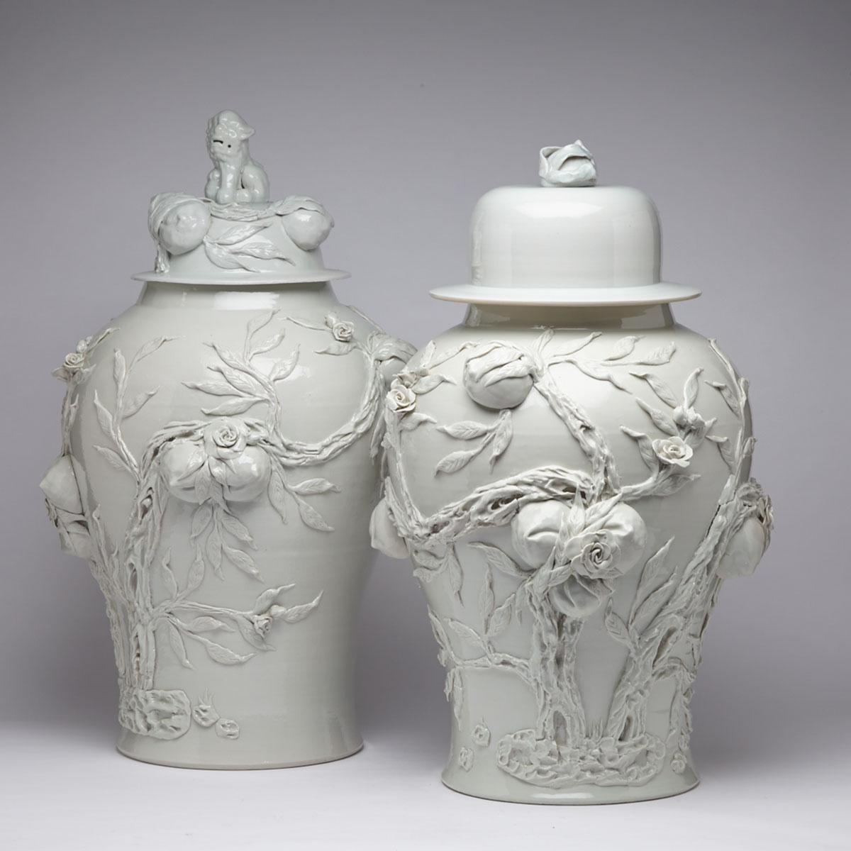 Large Near Pair of Blanc de Chine Covered Vases, mid 20th century