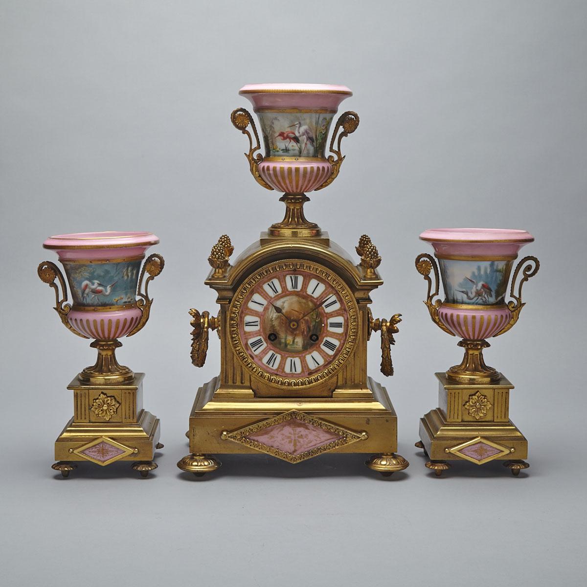 Three Piece French Sevres Style Porcelain Gilt Bronze Mantel Clock Garniture, 2nd half, 19th century