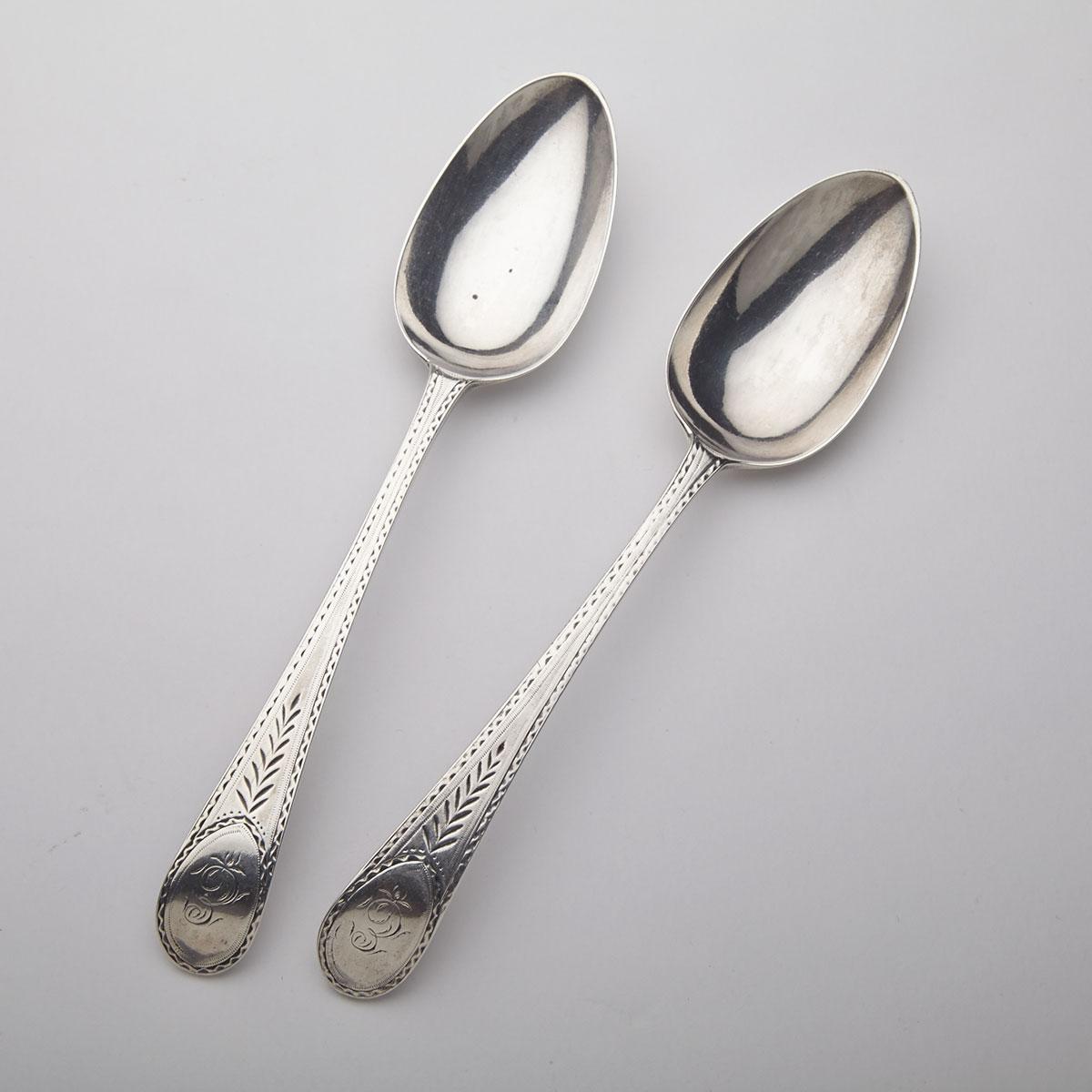 Pair of George III Silver Bright-Cut Engraved Old English Pattern Table Spoons, Stephen Adams, London, 1783