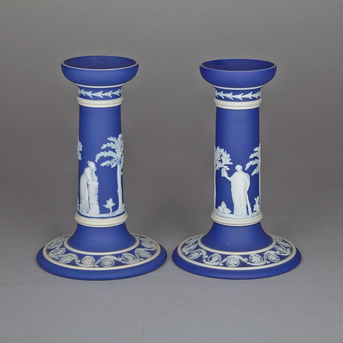Pair of Wedgwood Blue Jasper-Dip Candlesticks, early 20th century