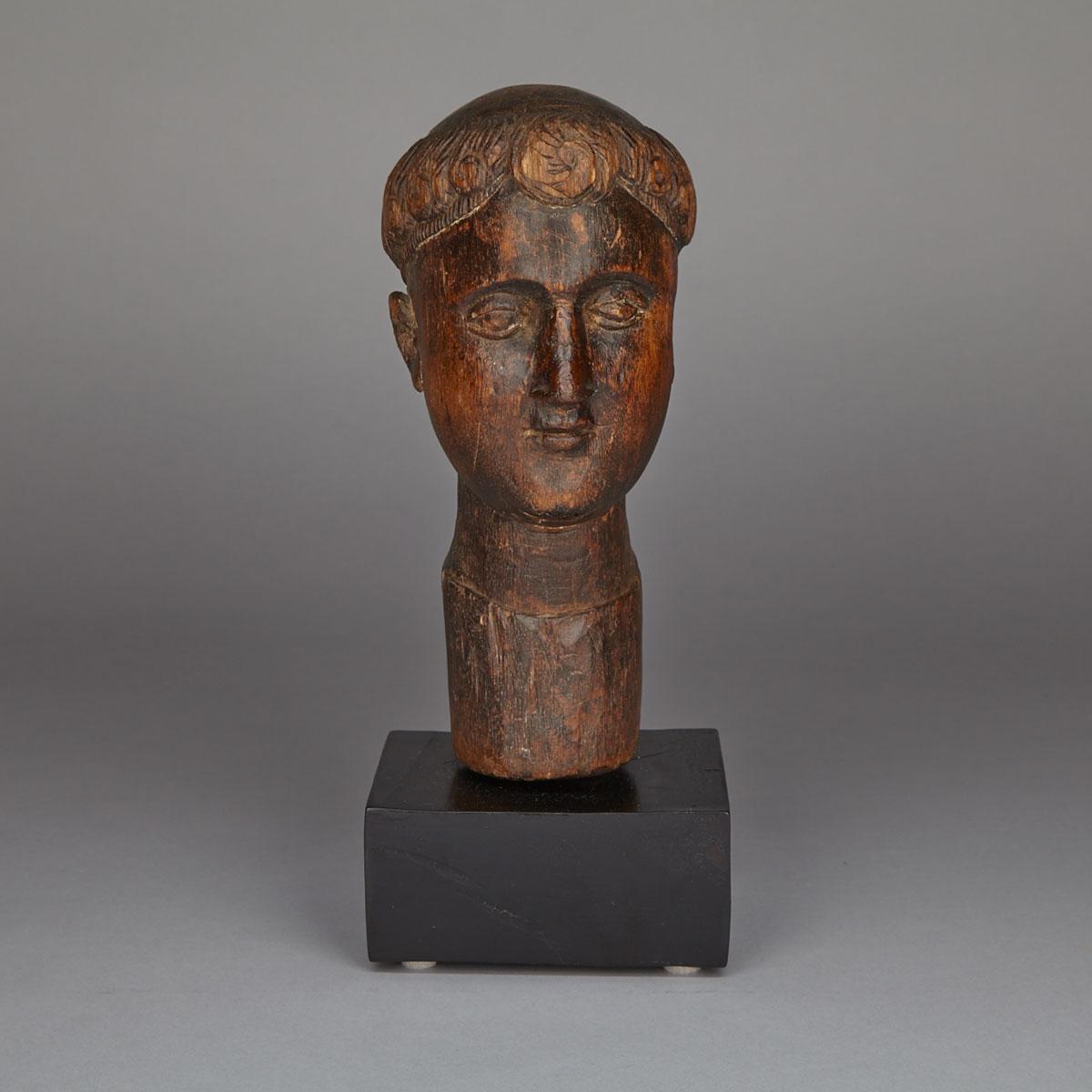 Spanish Colonial Carved Wooden Head of a Monk, 19th century
