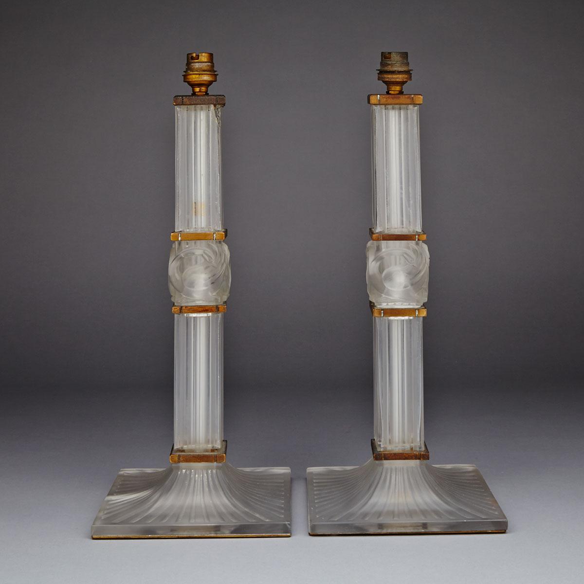 ‘Josephine’, Pair of Gilt Bronze Mounted Lalique Moulded and Frosted Glass Table Lamps, c.1948