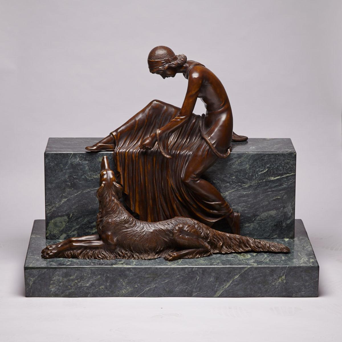 Large Art Deco Style Patinated Bronze and Marble Group of a Young Woman with a Russian Wolfhound, late 20th century