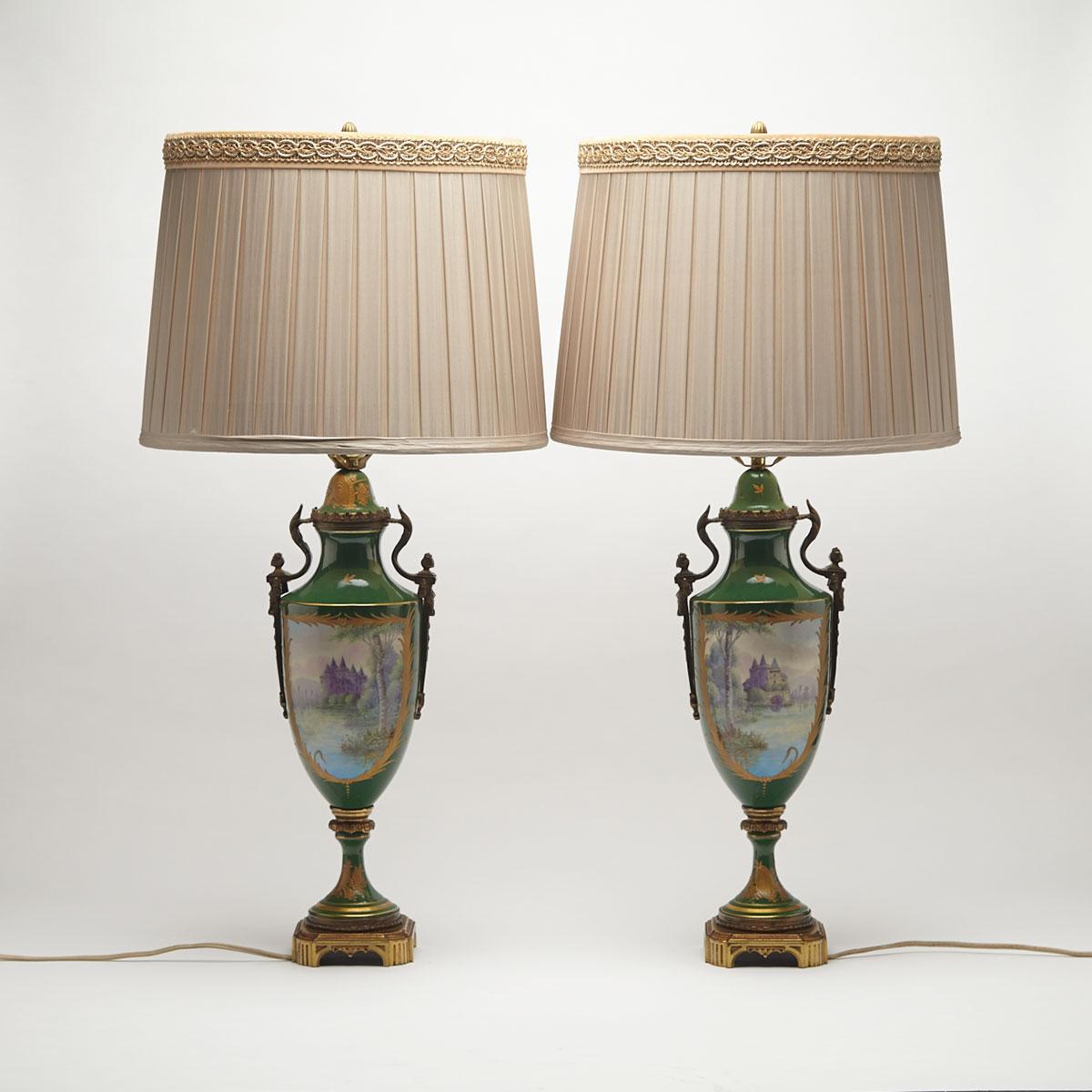 Pair of ‘Sèvres’ Green-Ground Urn-Form Table Lamps, 20th century