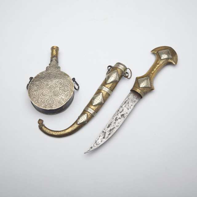 Moroccan Silver and Brass Power Flask and a Jambiya, 19th century