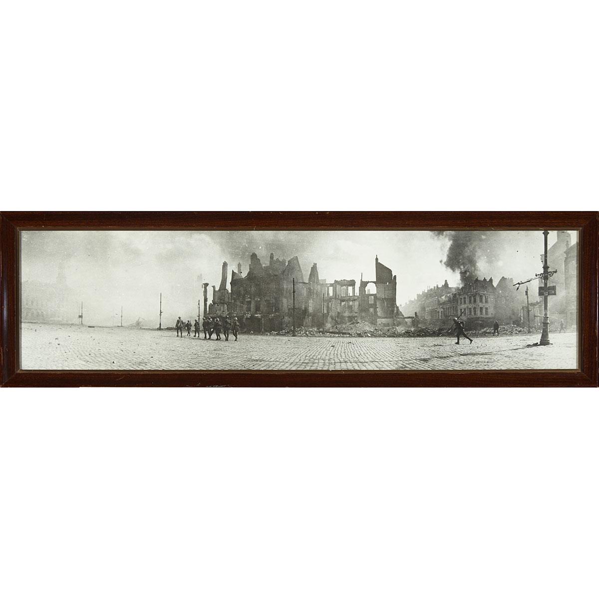 WWI Panorama Photograph of 3rd Canadian Division crossing the Square of Cambrai, France on October 9, 1918