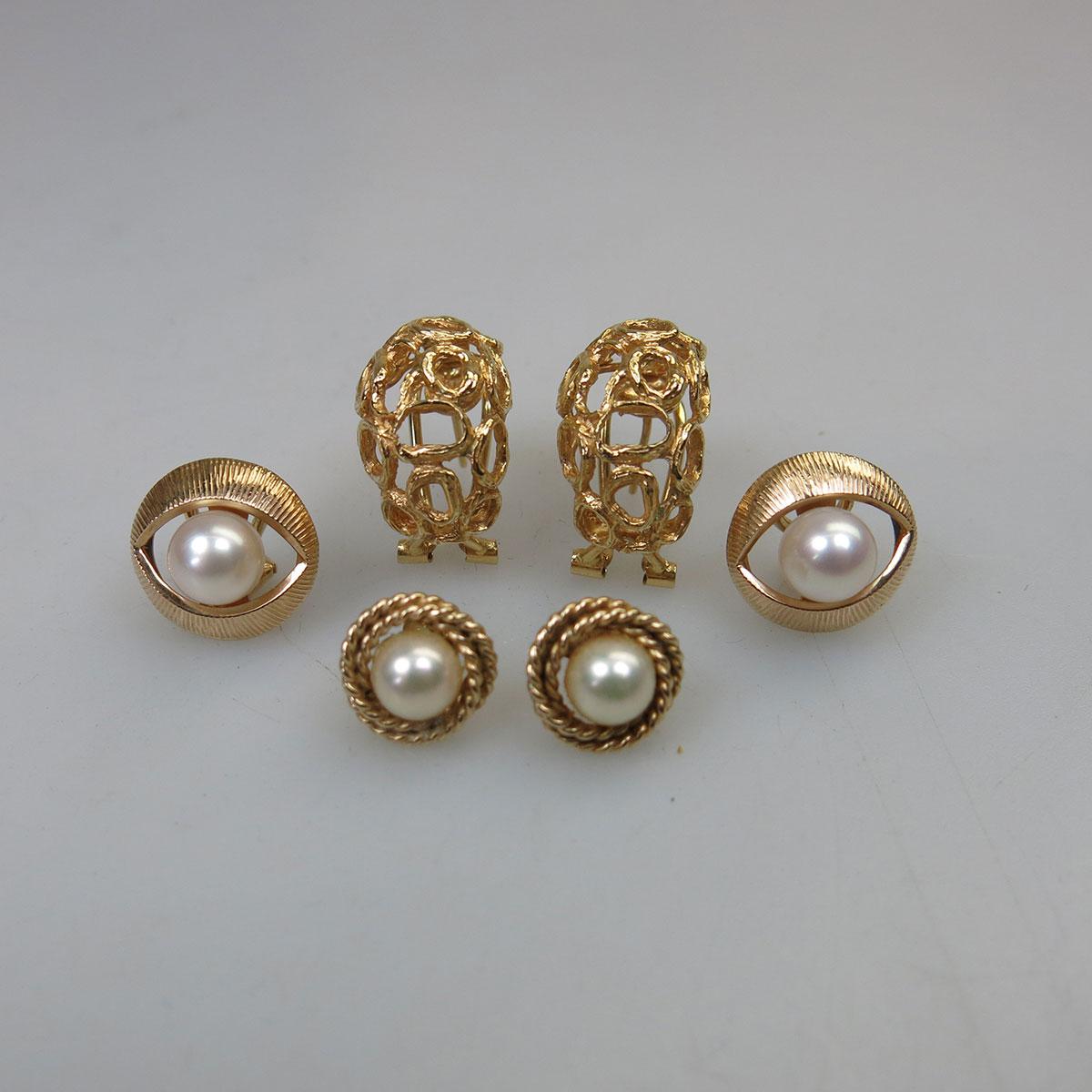 3 Pairs Of 14k Yellow Gold Earrings