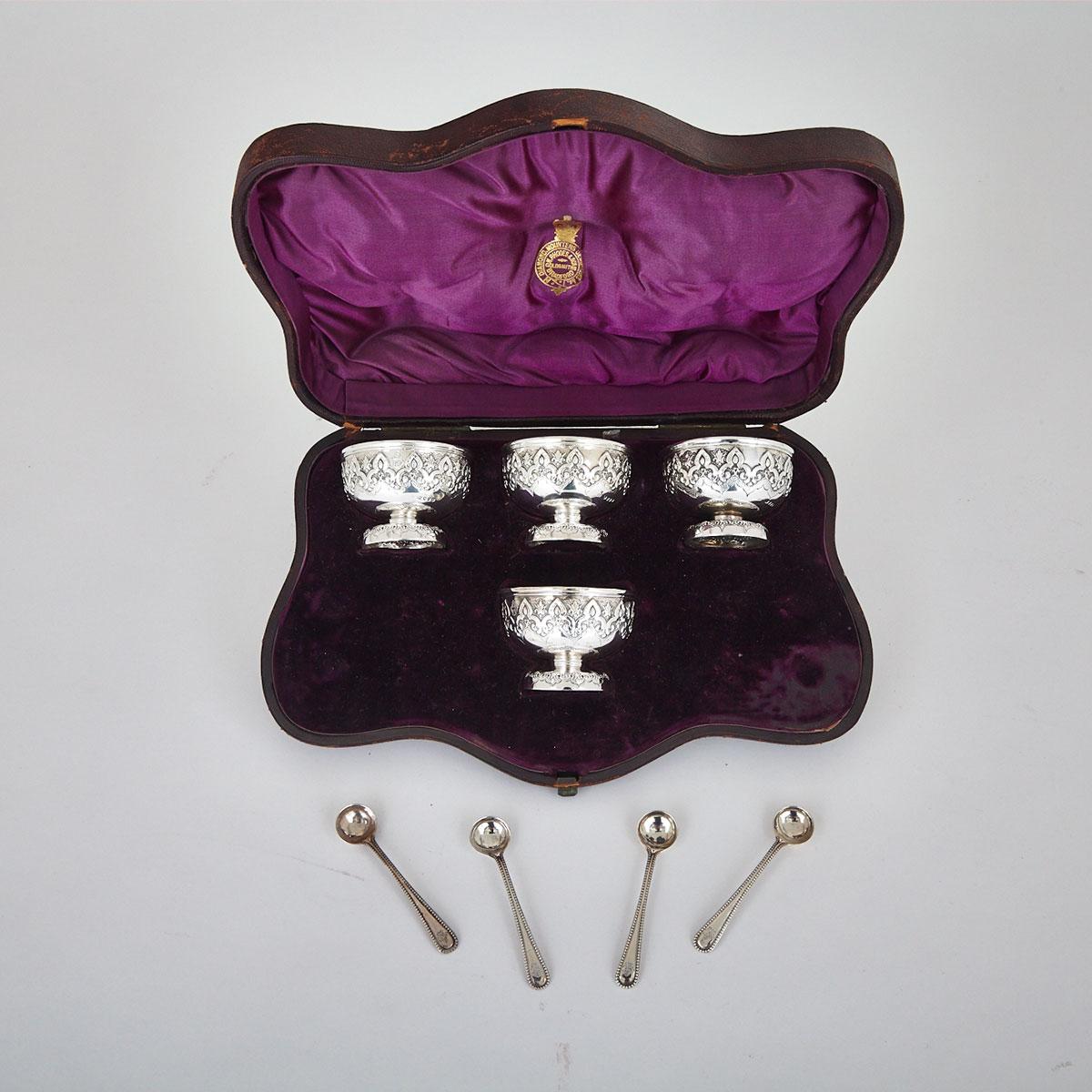 Set of Four Victorian Silver Salt Cellars with Spoons, Robert Harper, London, 1878