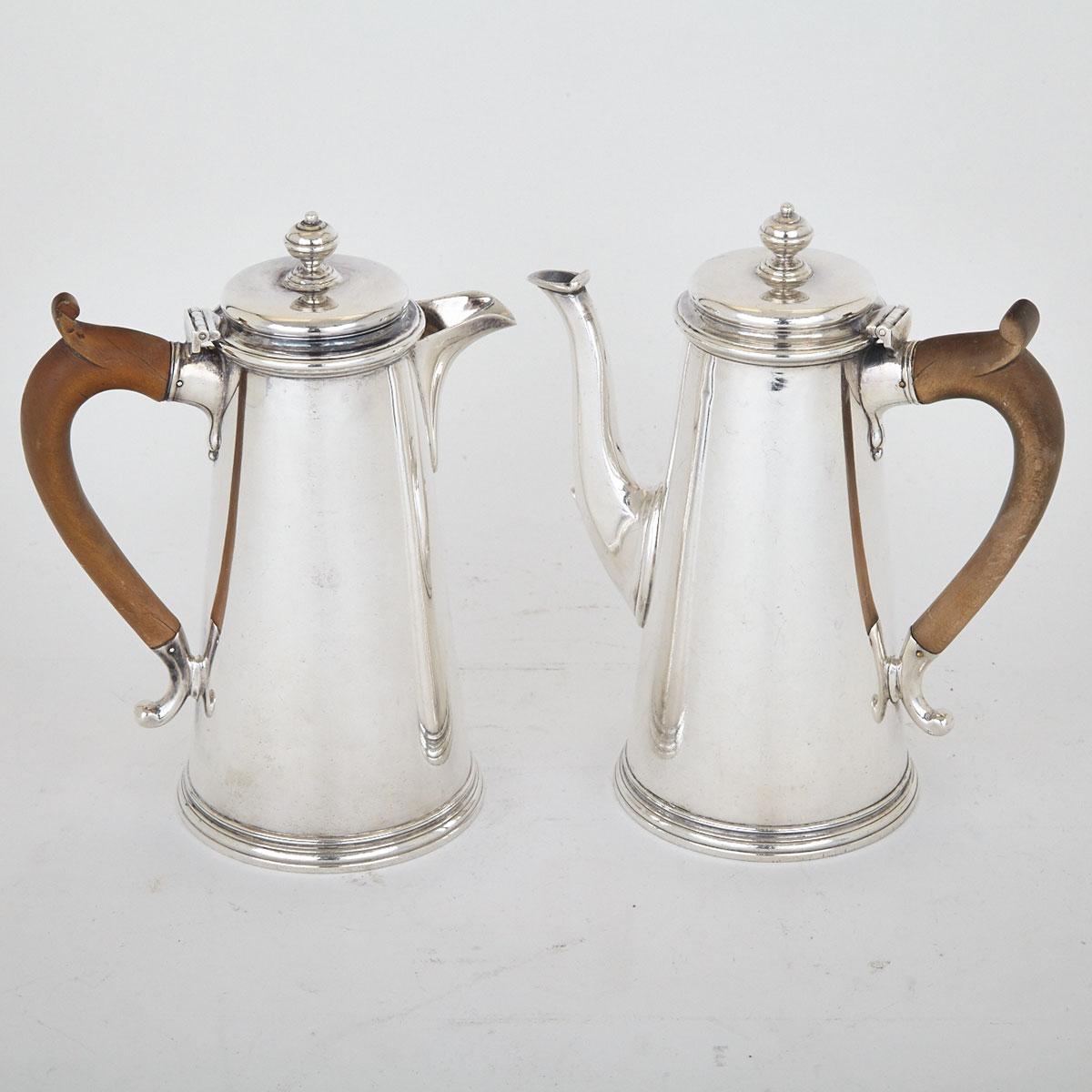 Pair of English Silver Café au Lait Pots, Walter H. Willson Ltd., London, 1959