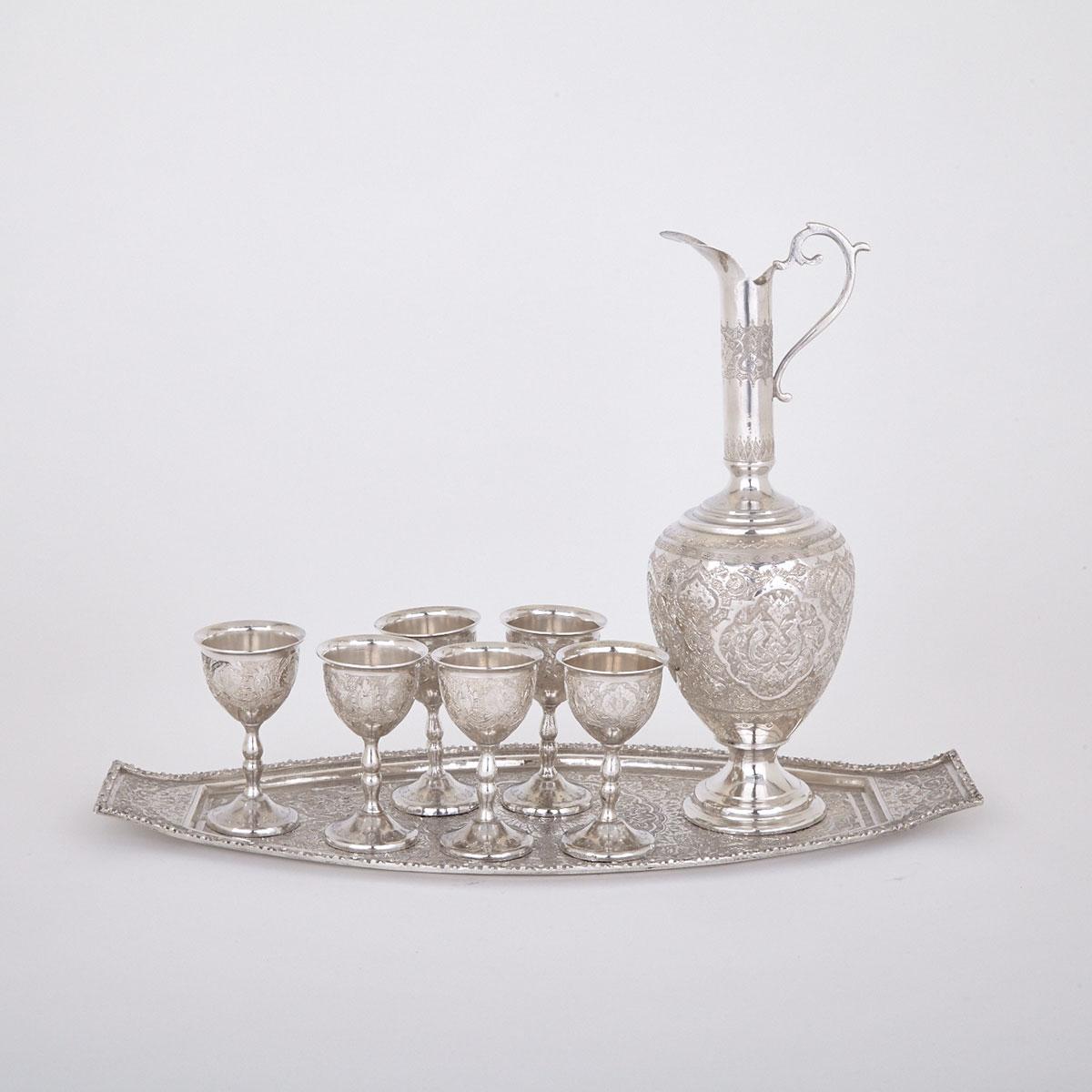Six Persian Silver Goblets, Decanter and Tray, Biryayi, 20th century
