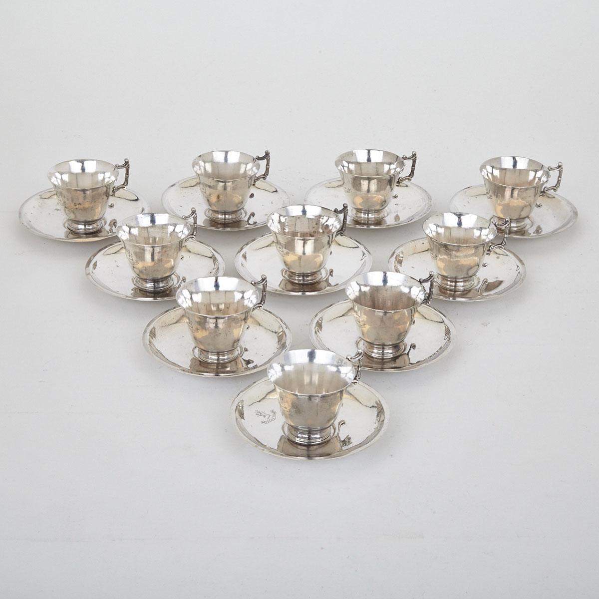 Ten Silver Cups and Saucers, probably South American, 20th Century