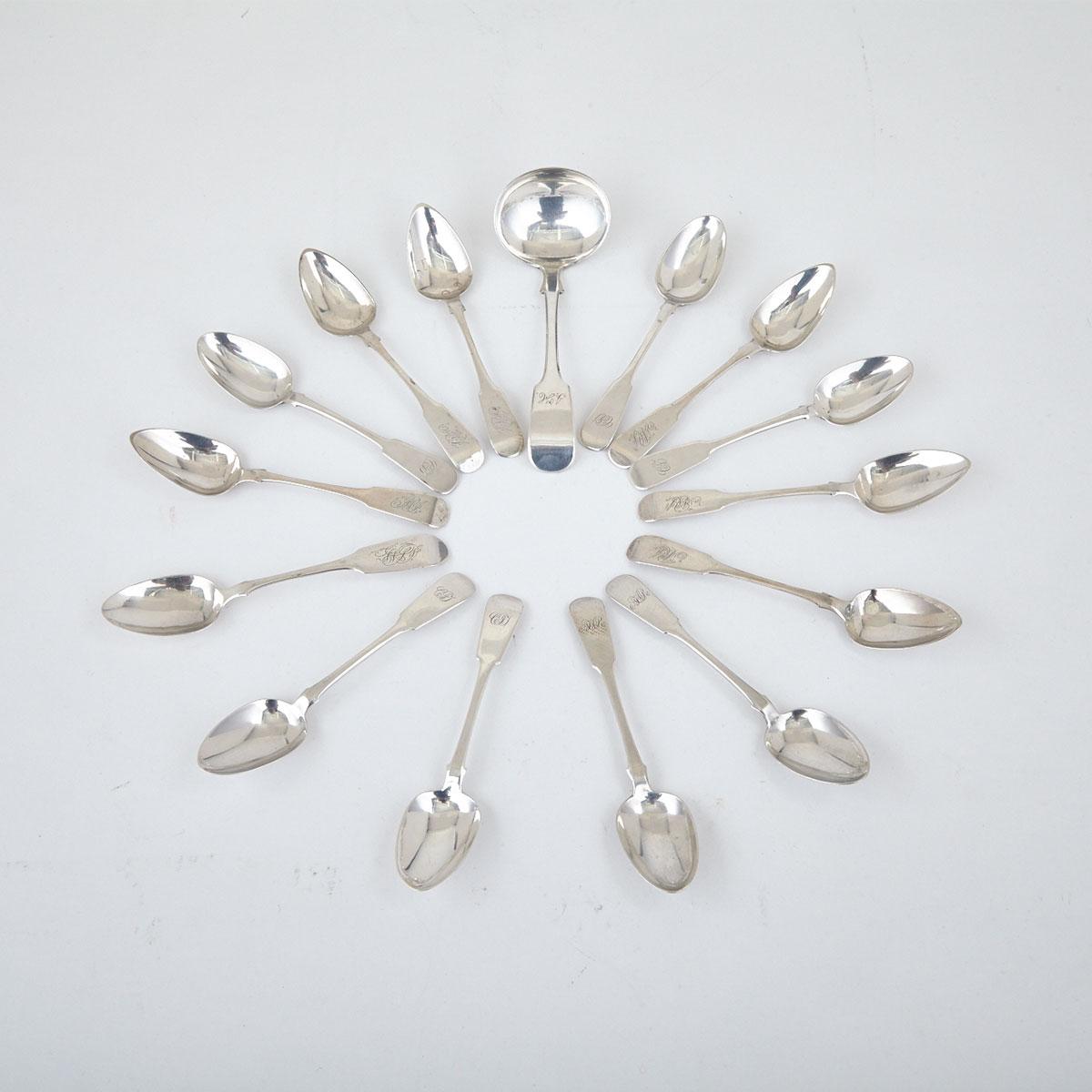 Fourteen Canadian Silver Fiddle Pattern Tea Spoons and a Gravy Ladle, various New Brunswick and Nova Scotia makers, 19th century