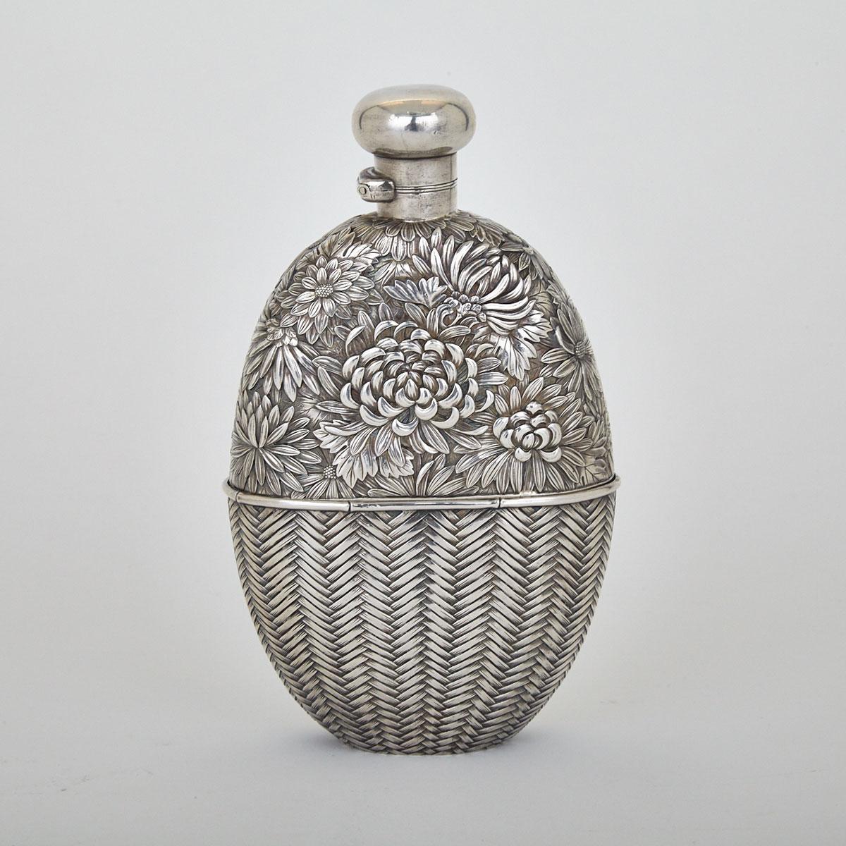 Japanese Silver Spirit Flask with Drinking Cup, c.1900