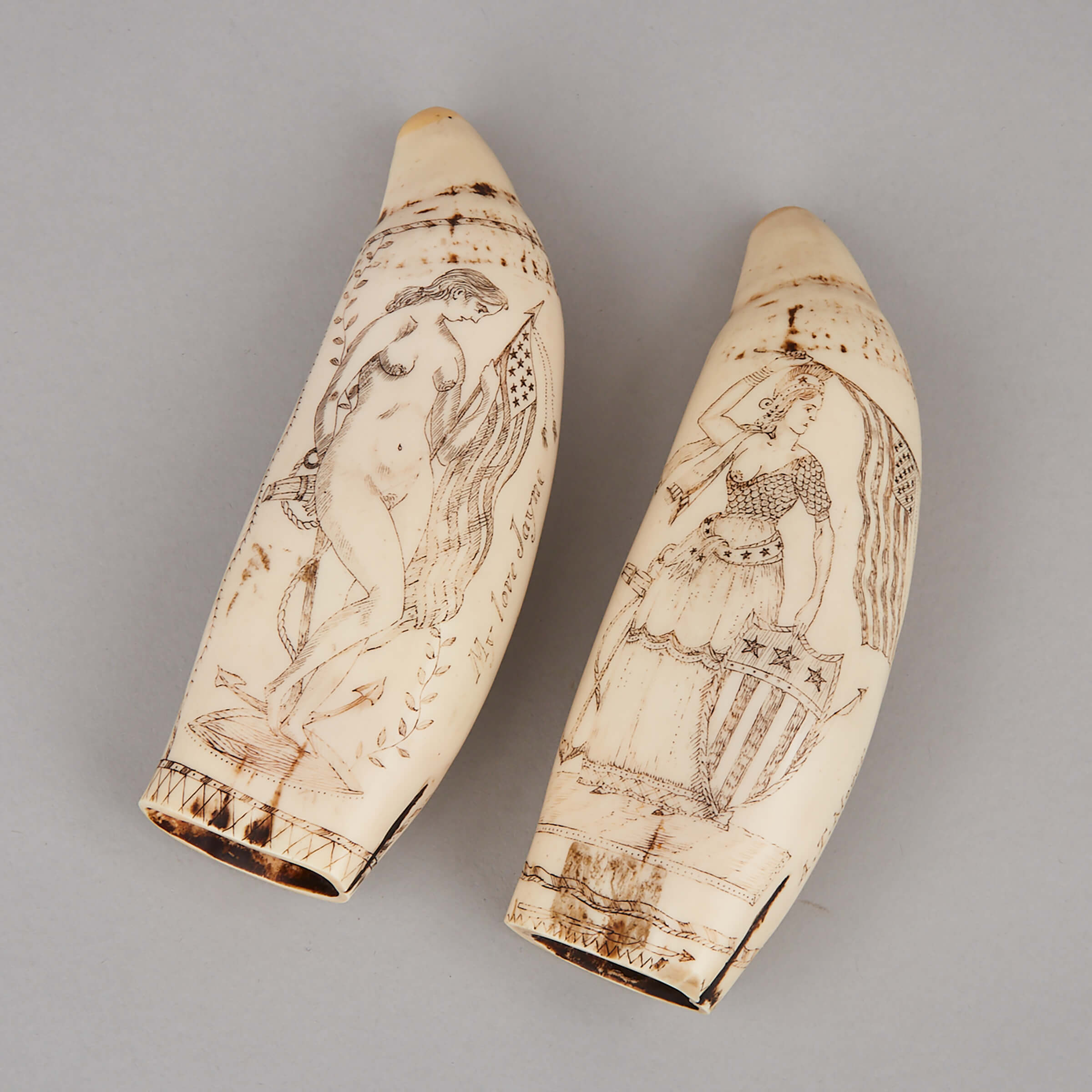 Two Replica Scrimshaw Resin ‘Whale’s Teeth’, 20th century