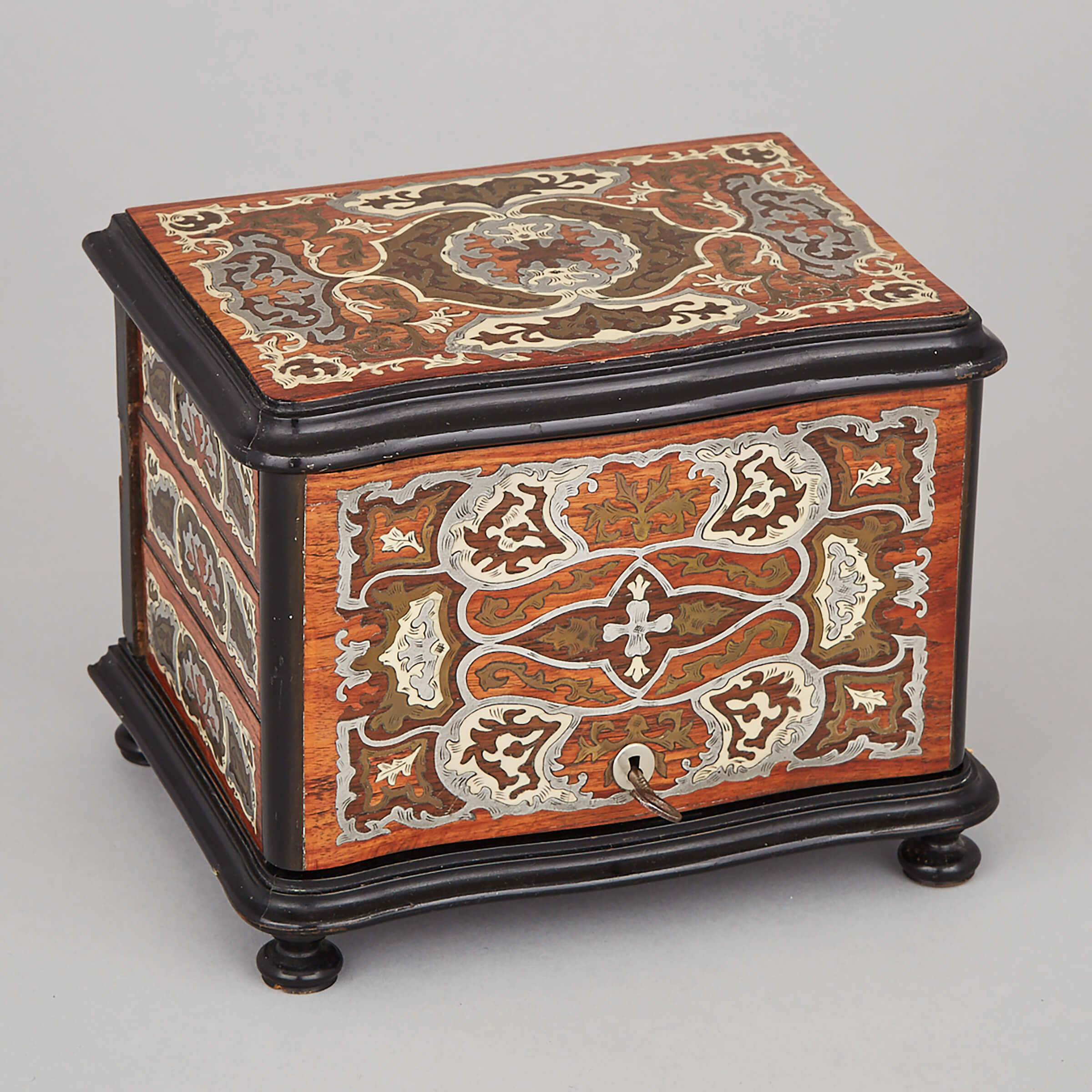 Napoleon III Silver, Brass and French Ivory Inlaid and Ebonized Jewellery Casket, late 19th century