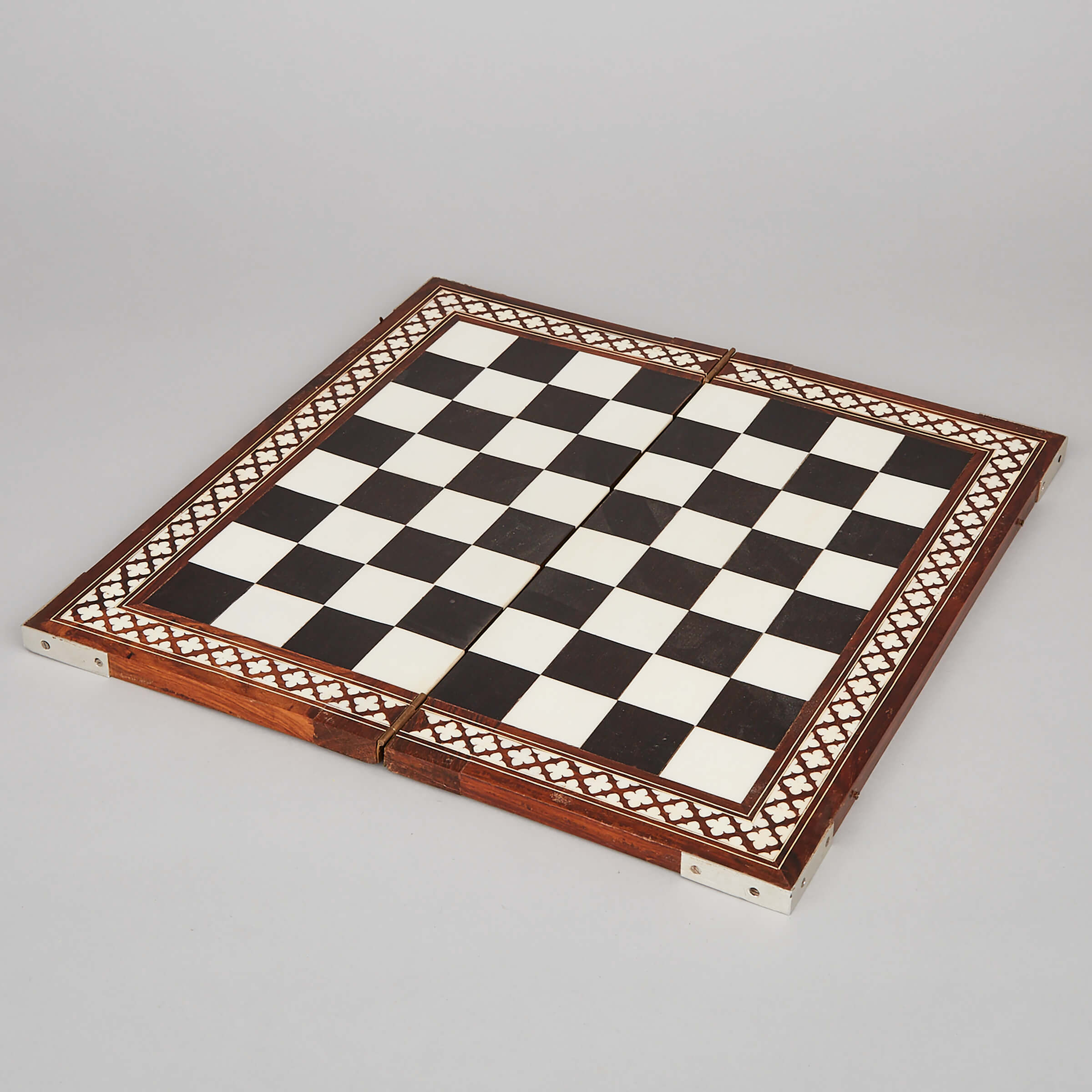 Middle Eastern Horn and Camel Bone Inlaid Hardwood Chess Board, mid 20th century