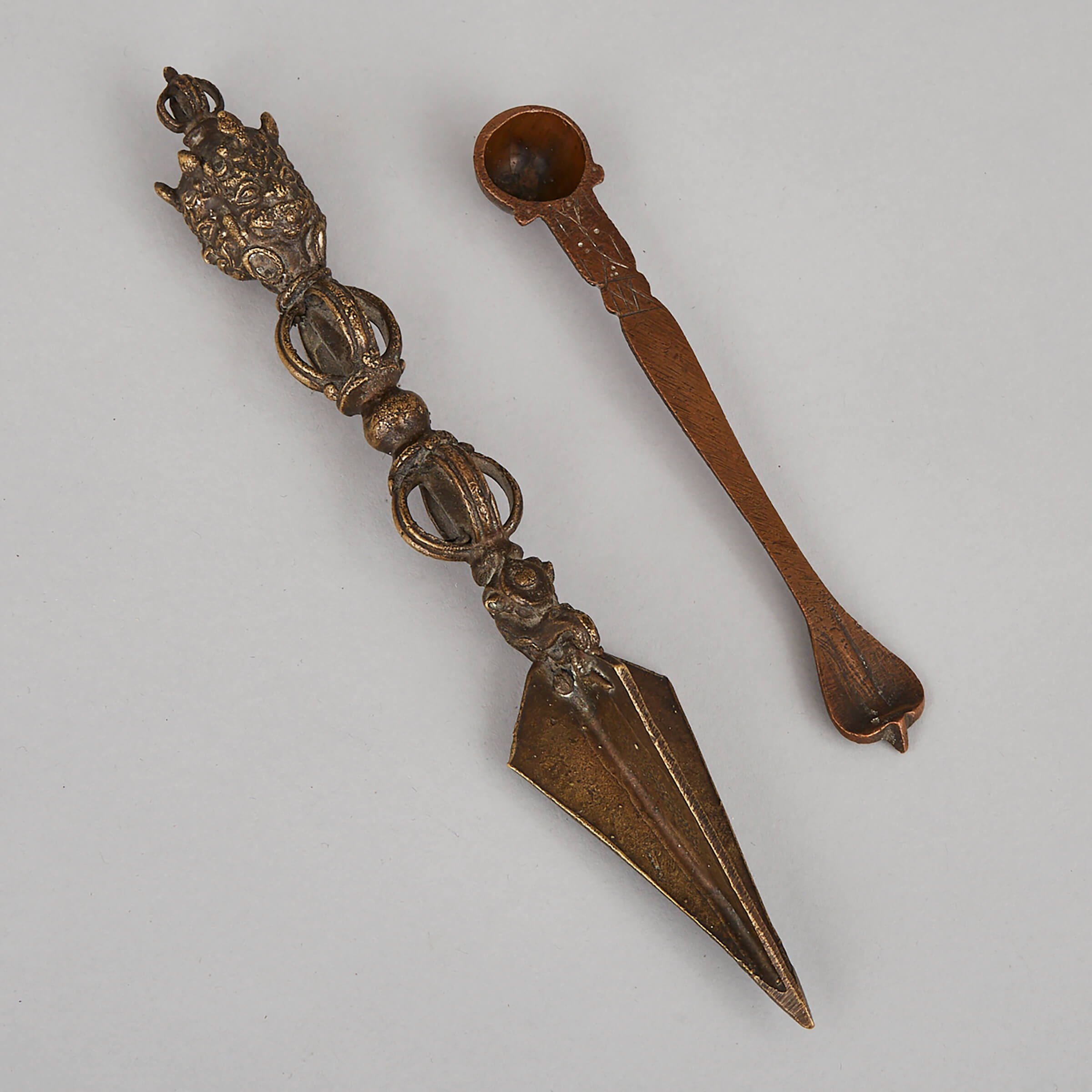 Buddhist Bronze Phurba Dagger with a Hindu Copper Pali Spoon, early 20th century