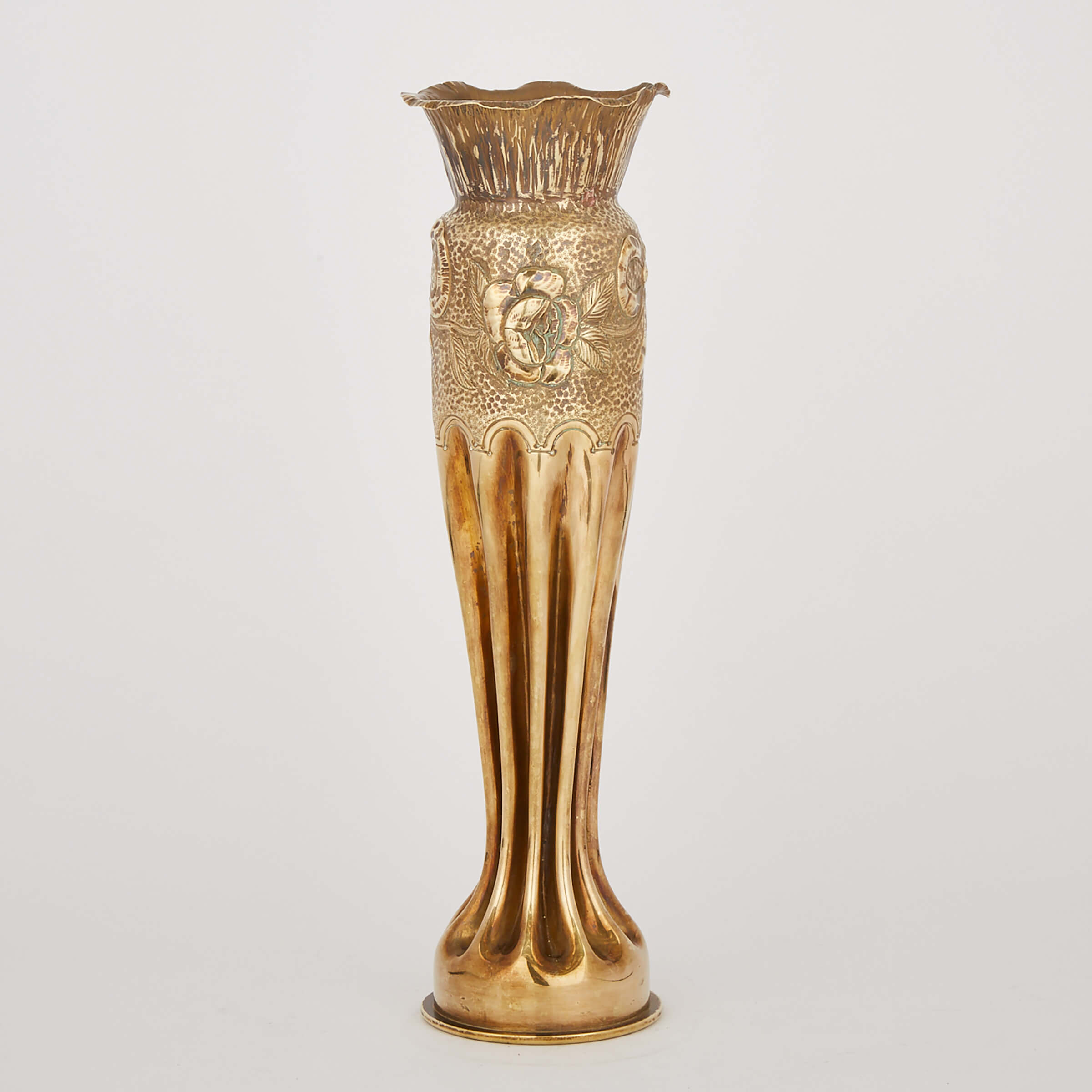 Large German WWI Repoussé Worked Brass Shell Casing ‘Trench Art’ Vase, 1915