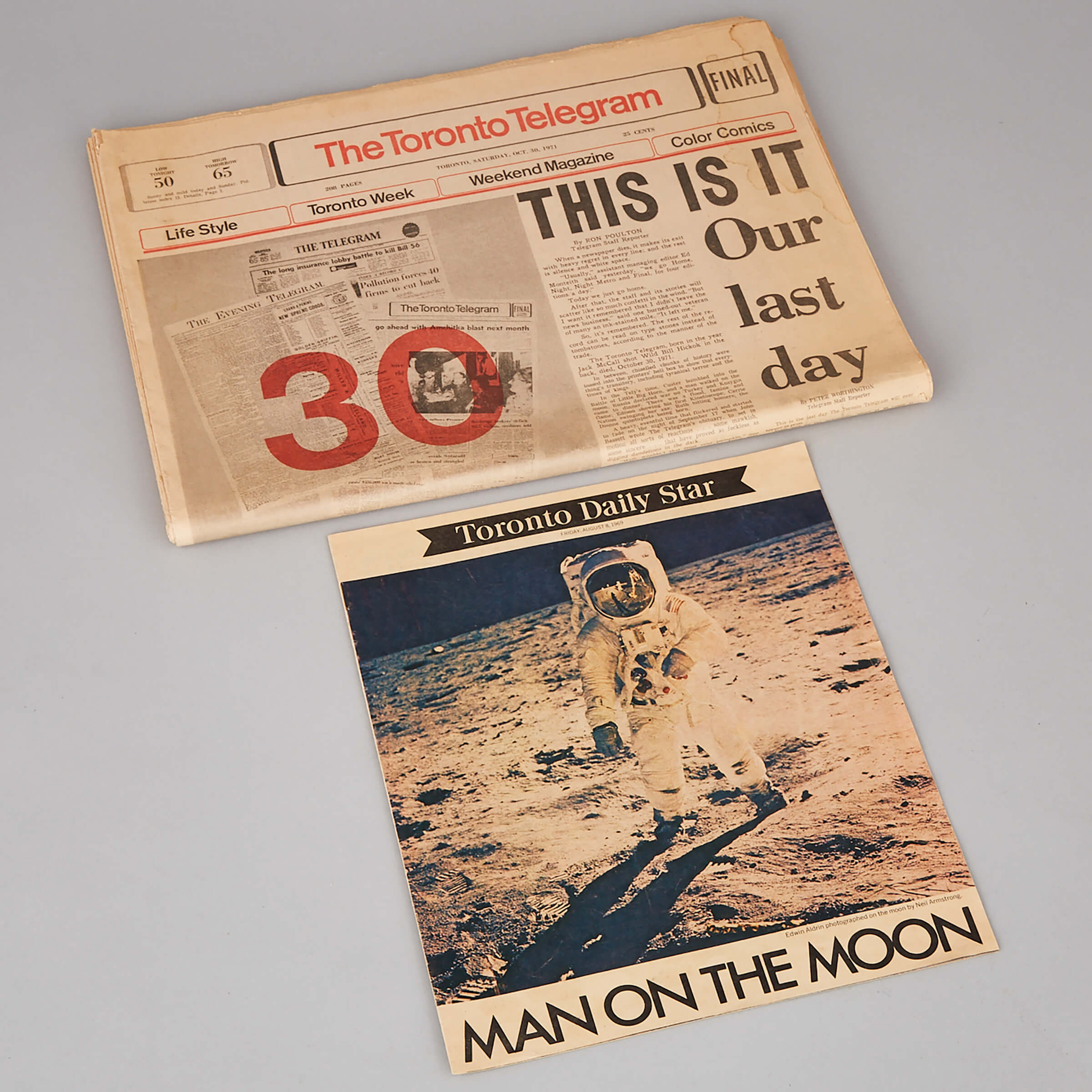 Last Issue of The Toronto Telegram, Oct. 30, 1971 with Toronto Daily Star Supplement, ‘Man on the Moon’, August 8, 1969