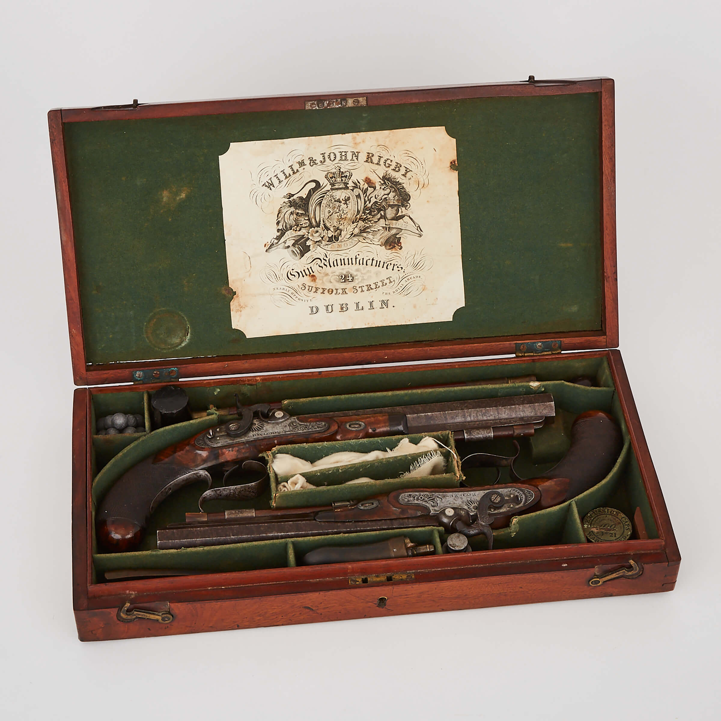 Cased Pair of 32-Bore Percussion Lock Dueling Pistols, Riviere, London, early 19th century