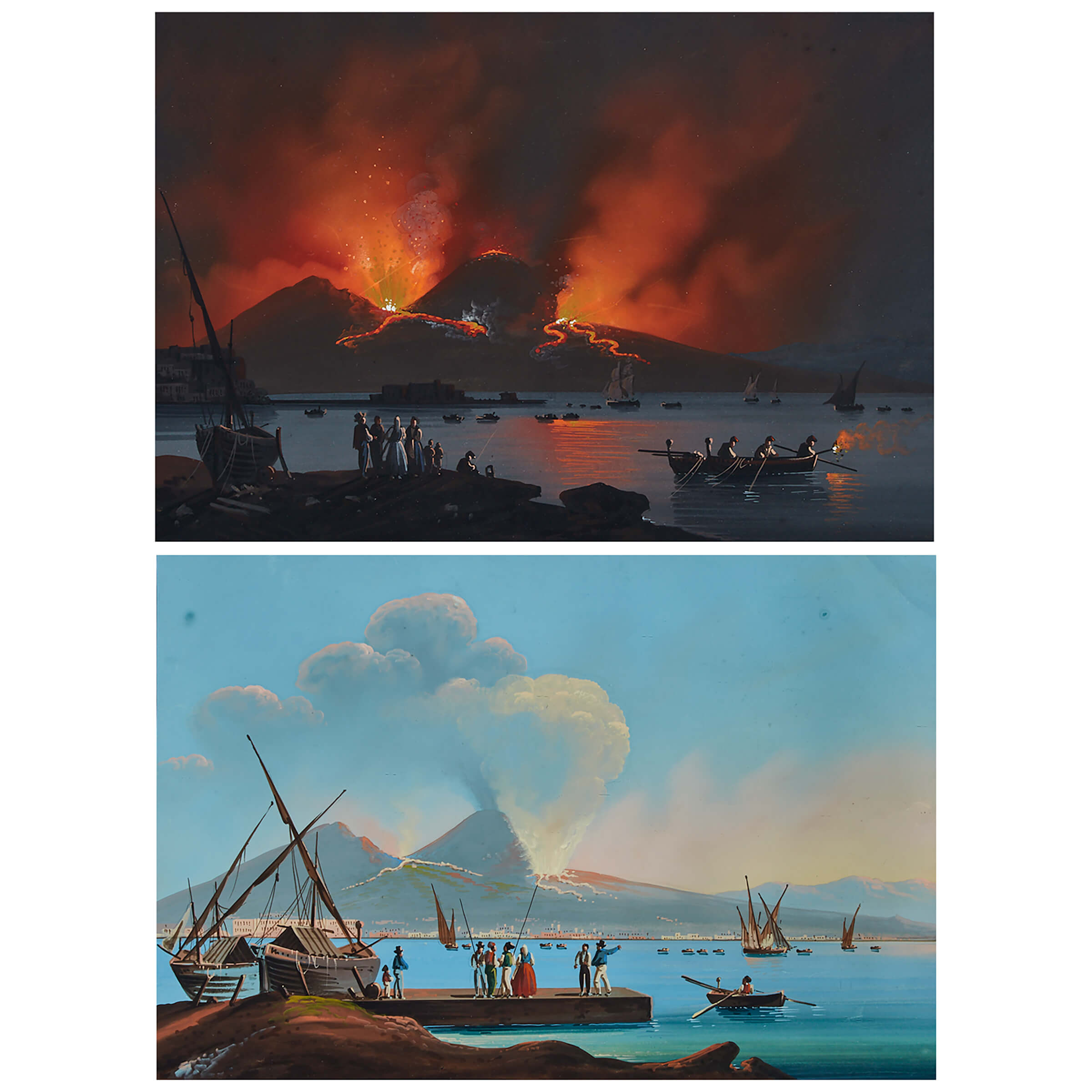 Pair of Neapolitan School Views of an Eruption of Vesuvius, 1858