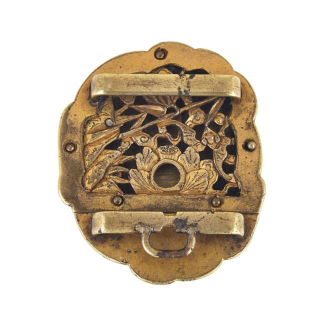 Jade-Inset Gilt-Copper Belt Buckle, Ming Dynasty