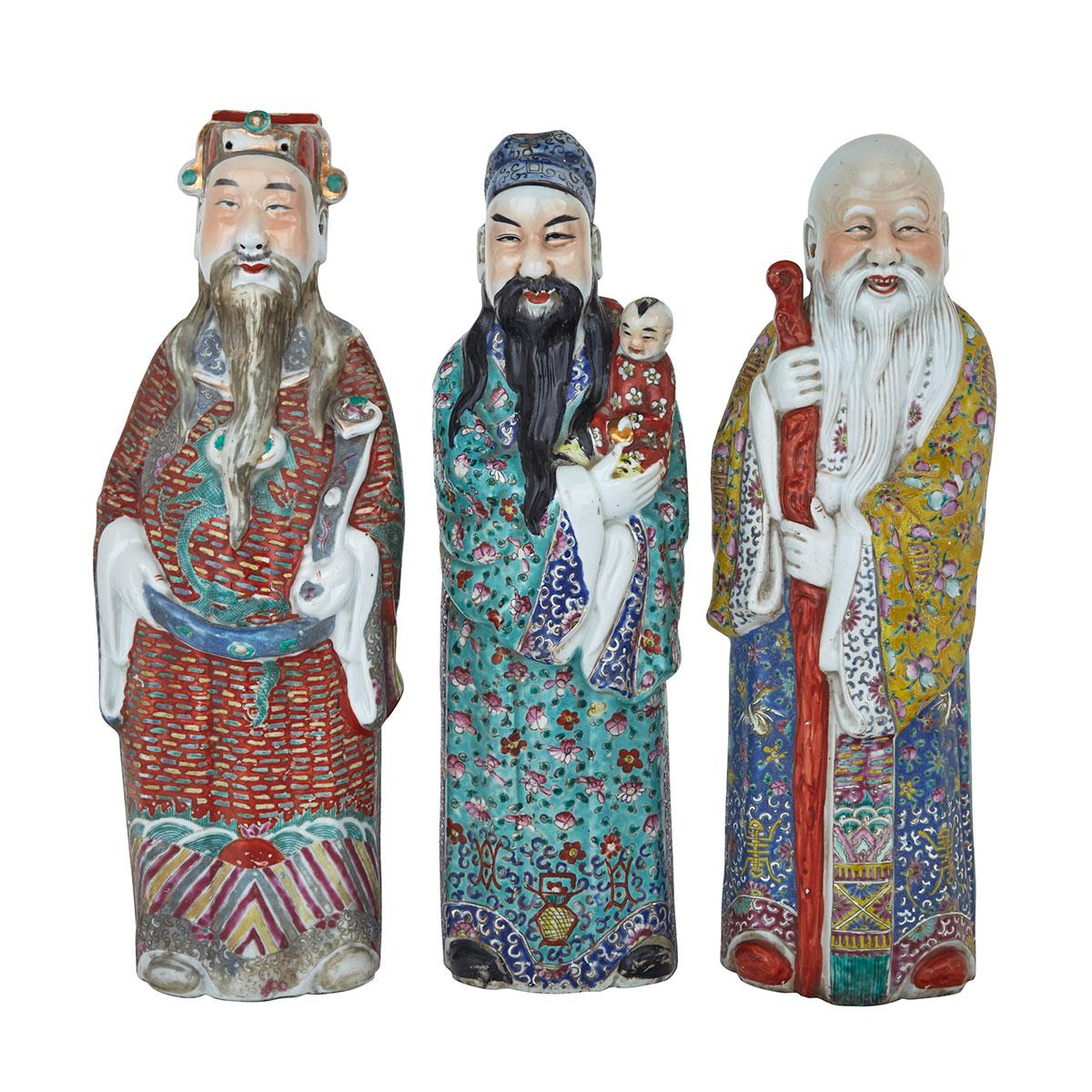 Set of Three Famille Rose Star Gods ‘Fu Lu Shou’, Mid-20th Century