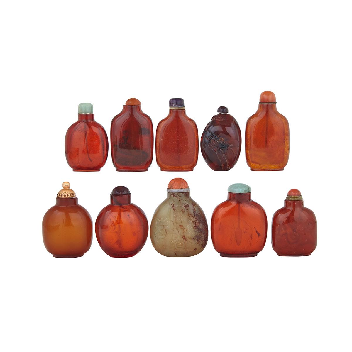 Group of Nine Amber Snuff Bottles, Late Qing Dynasty