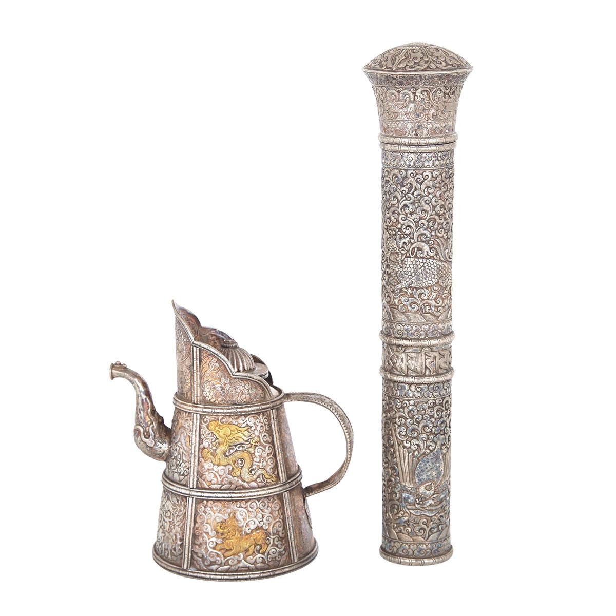 Parcel Gilt Silver Ritual Ewer (Domu Pot) and Incense Storage Box, Tibet 18th/19th Century