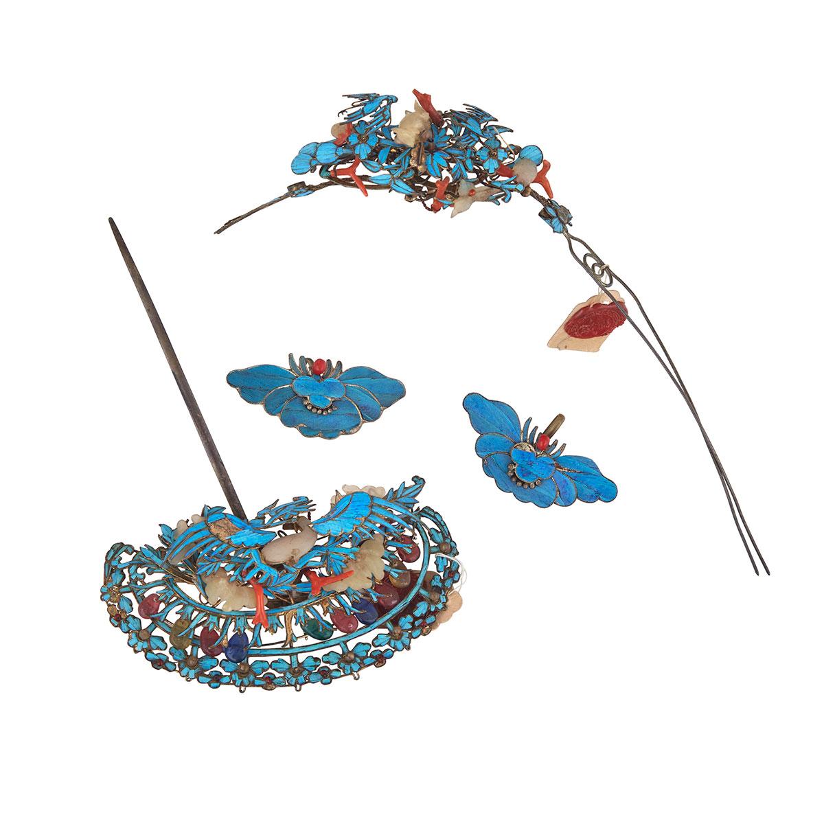 Set of Four Kingfisher and Silver Accessories, 19th Century 