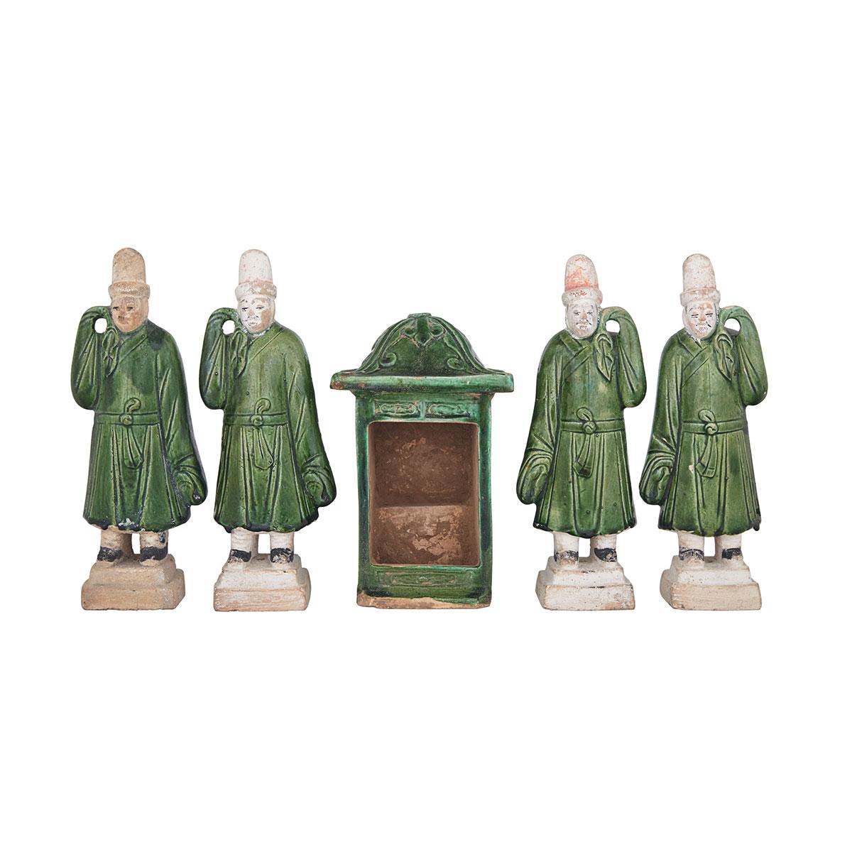 Group of Four Sancai Glazed Attendants and Palaquin, Ming Dynasty