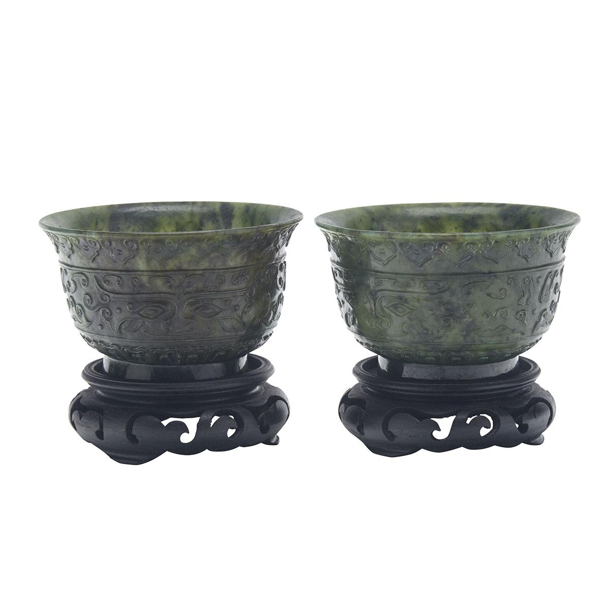 Pair of Spinach Green Jade Archaistic Cups, Qianlong Mark, Republican Period