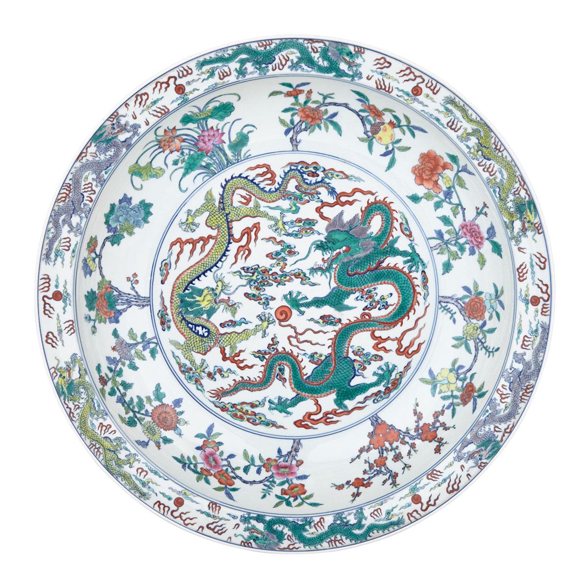 Large Doucai ‘Dragon and Phoenix’ Charger, Yongzheng Mark