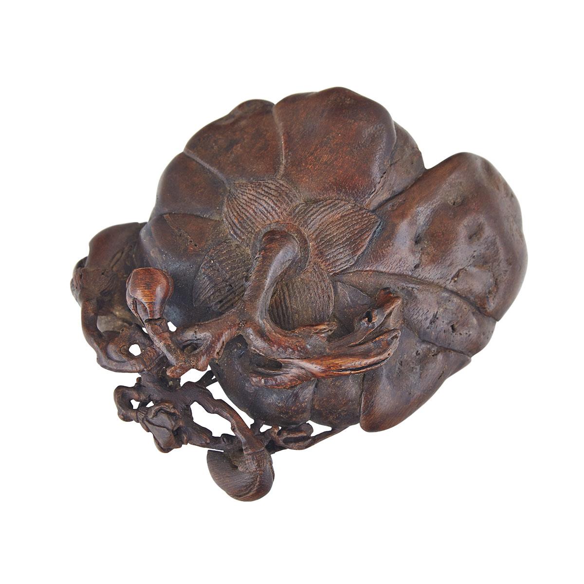 Rare Aloeswood Carved Lotus-Form Dish