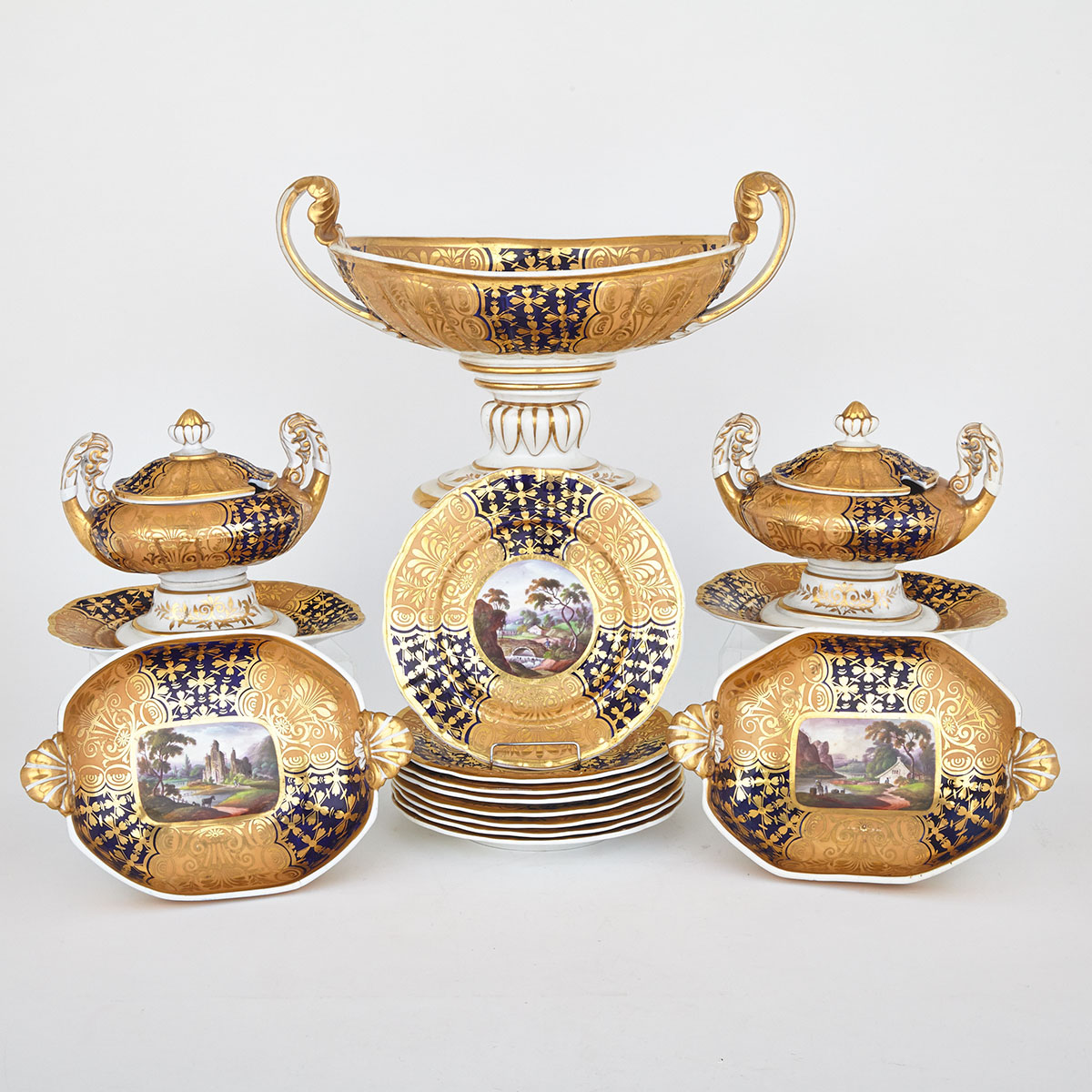 English Porcelain Apricot and Blue Ground Dessert Service, probably Spode, c.1810