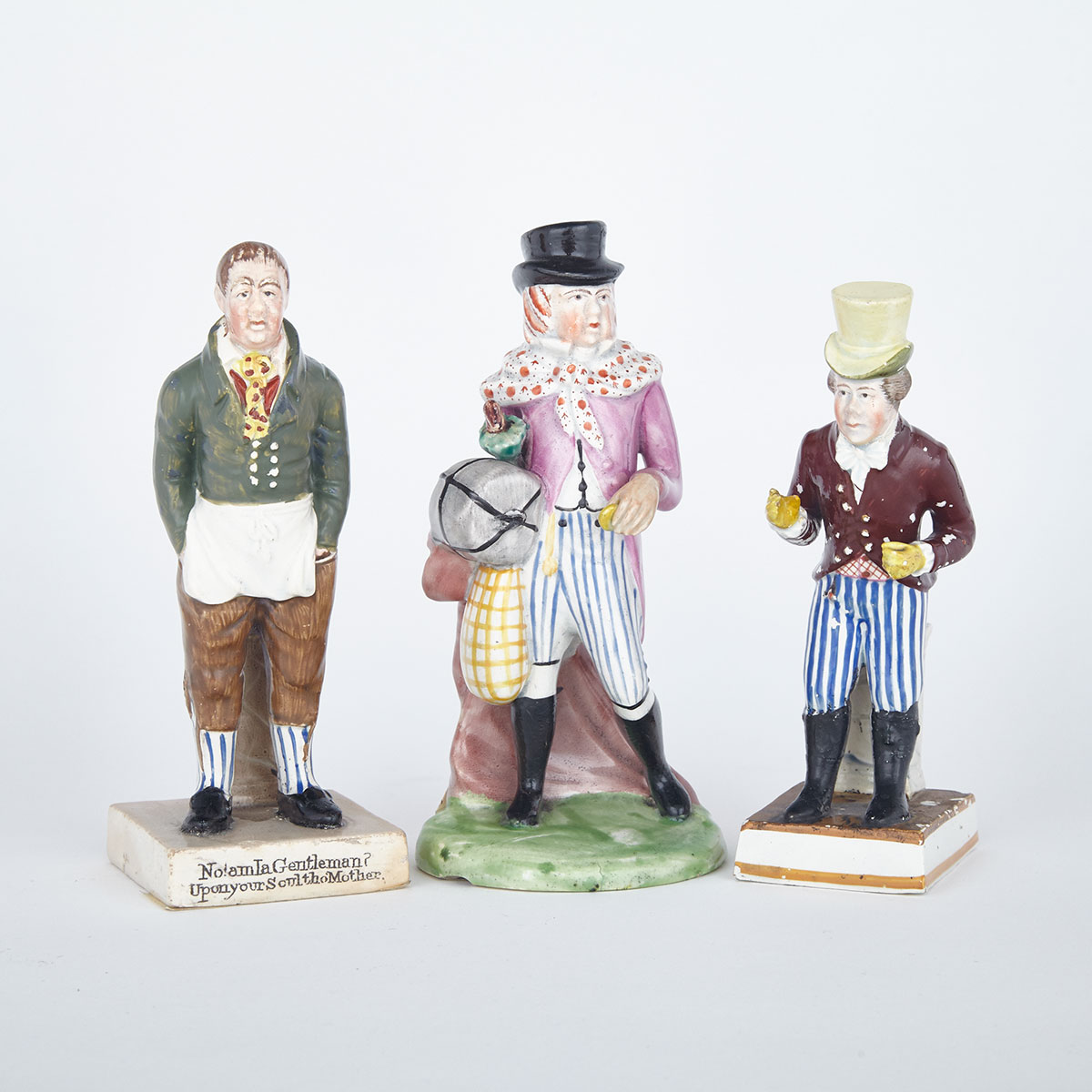 Three Staffordshire Pearlware Theatrical Figures of John Liston as Sam Swipes in ‘Exchange no Robbery’, Lubin Log in ‘Love, Law and Physic’ and as Paul Pry in ‘Paul Pry’, c.1820-30