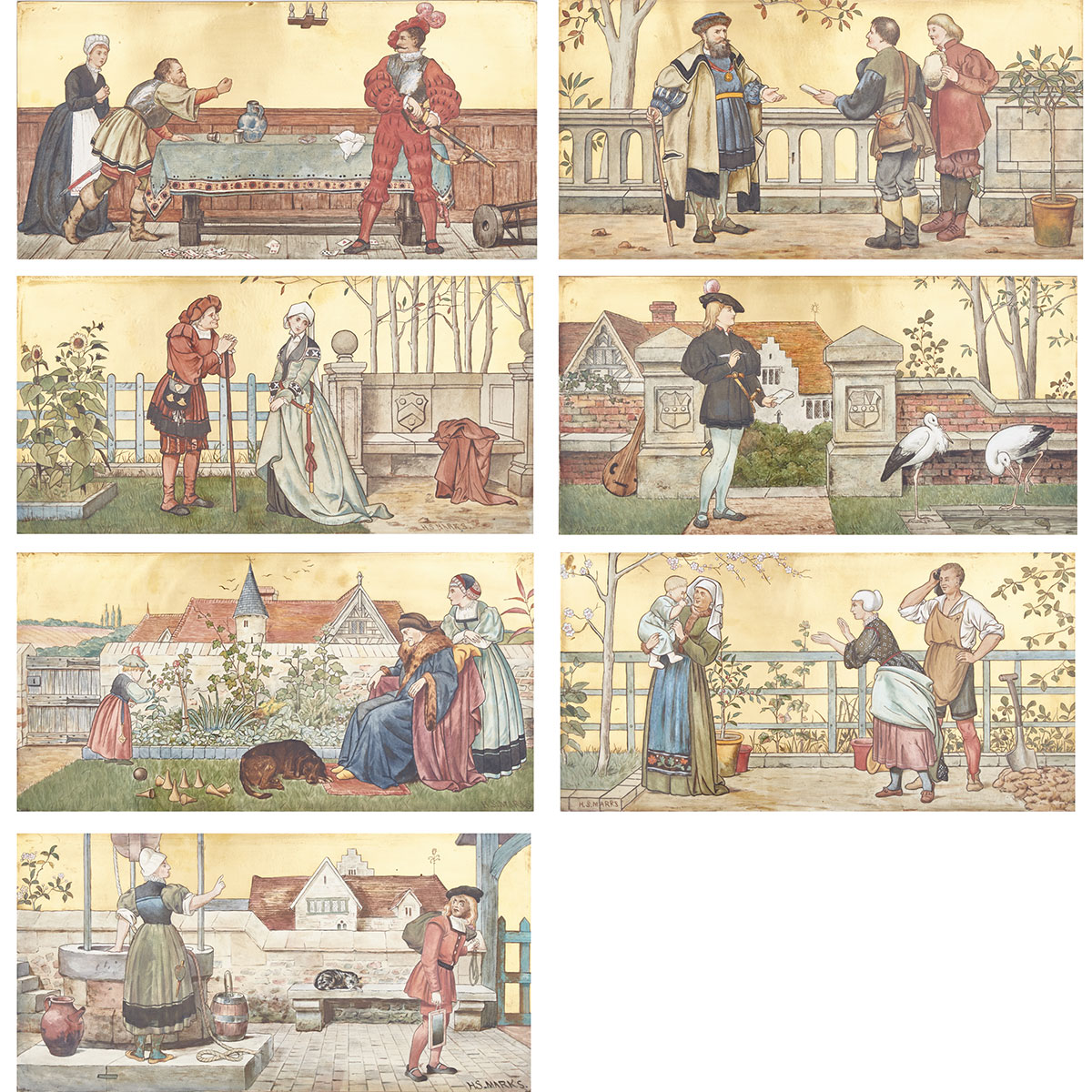 ‘The Seven Ages of Man’, Set of Seven Minton’s Art Pottery Studio Rectangular Plaques, Henry Stacy Marks, c.1873-74