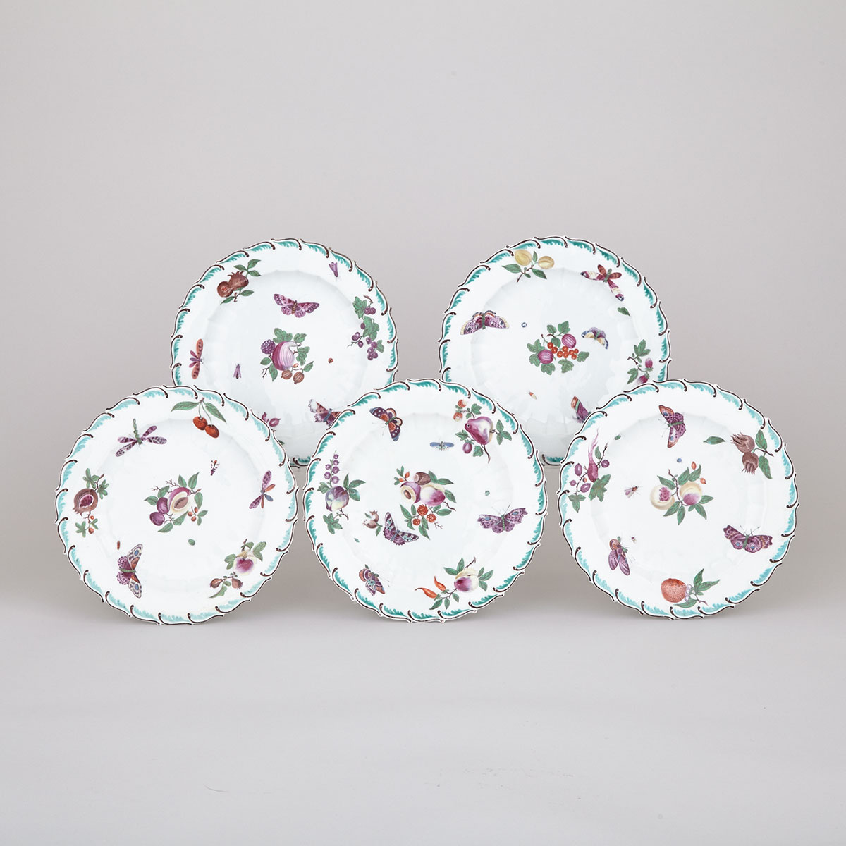 Five Chelsea Dessert Plates, c.1755-60